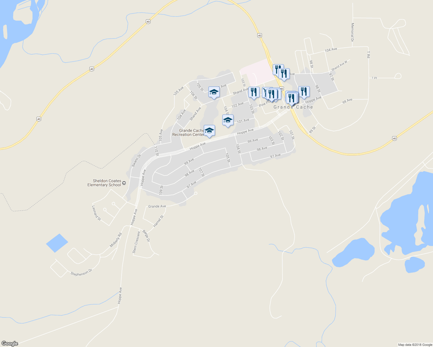 map of restaurants, bars, coffee shops, grocery stores, and more near 31 97 Avenue in Grande Cache