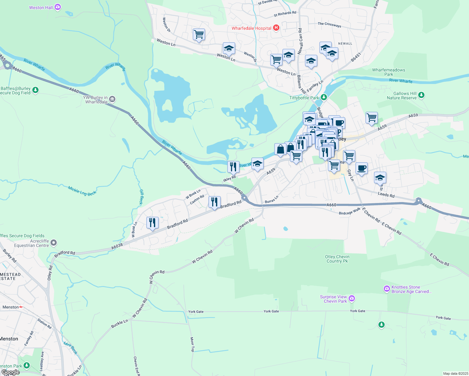 map of restaurants, bars, coffee shops, grocery stores, and more near A660 in Otley