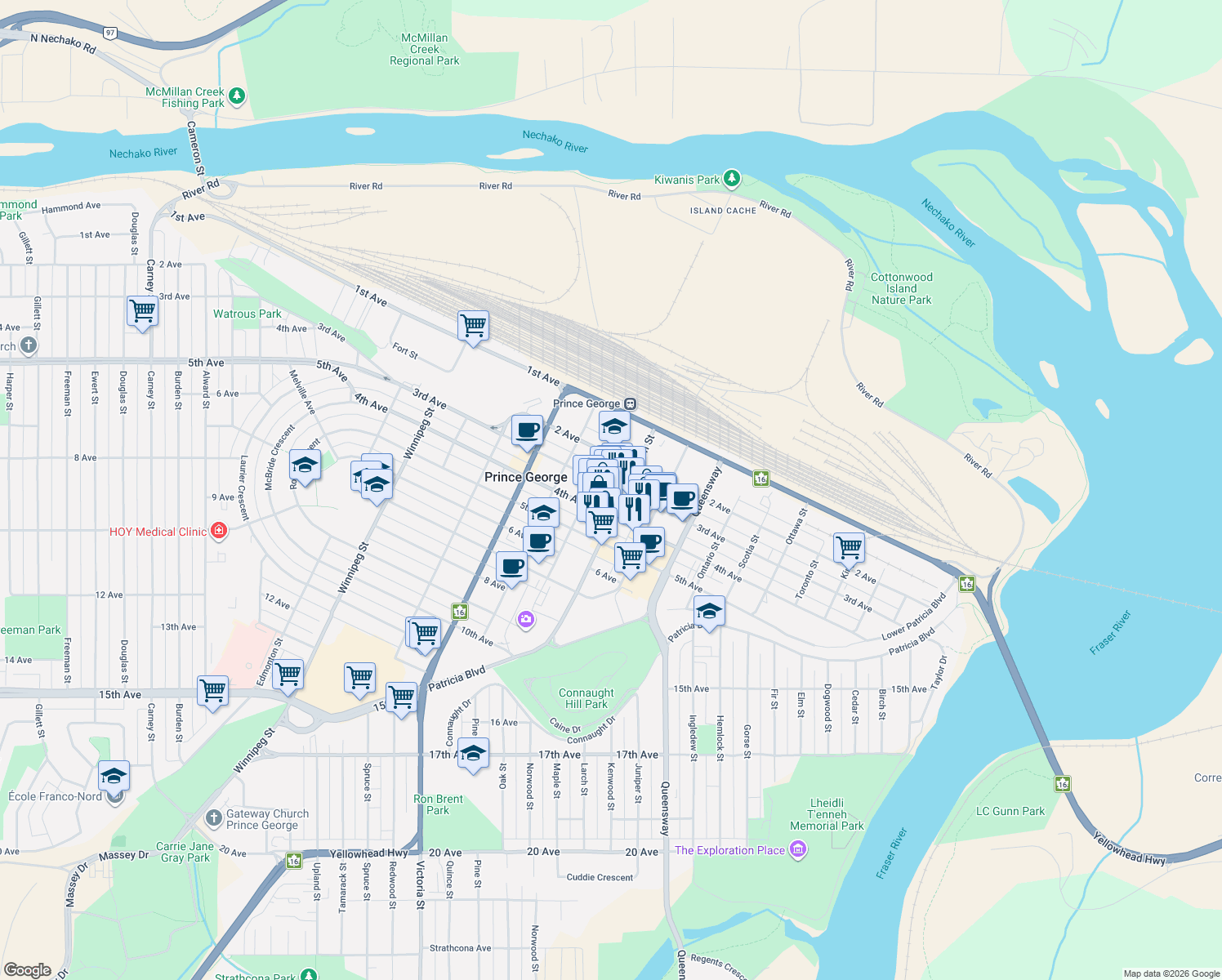 map of restaurants, bars, coffee shops, grocery stores, and more near 1245 3rd Ave in Prince George