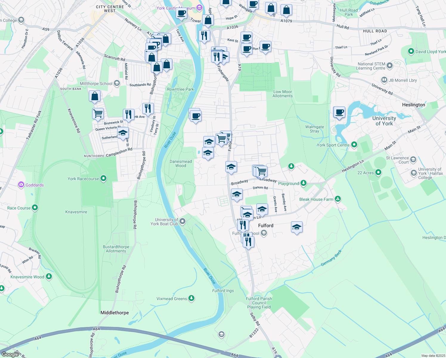 map of restaurants, bars, coffee shops, grocery stores, and more near Fulford Road in York