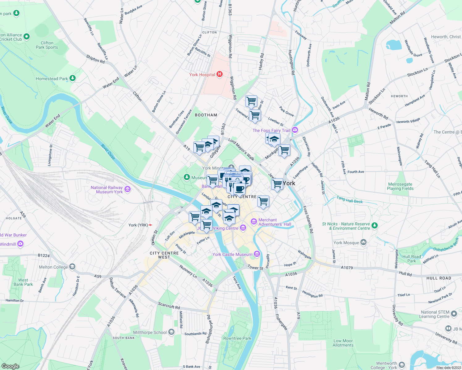 map of restaurants, bars, coffee shops, grocery stores, and more near 49 Low Petergate in York