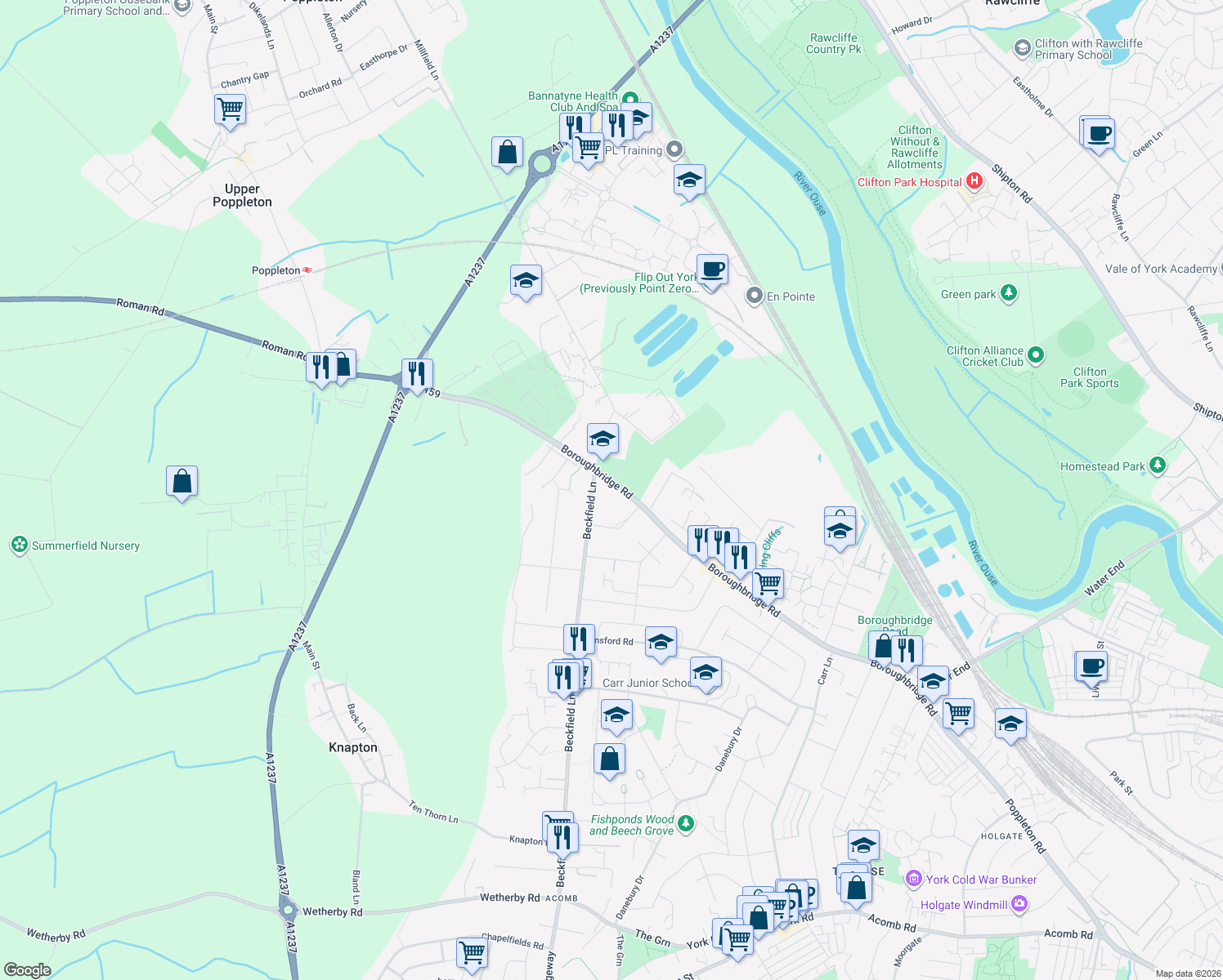 map of restaurants, bars, coffee shops, grocery stores, and more near Boroughbridge Road in York