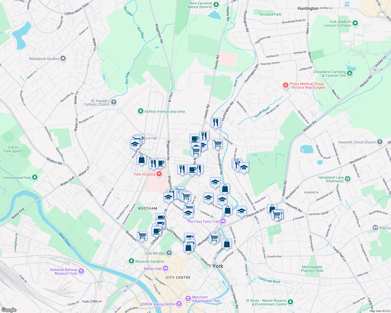 map of restaurants, bars, coffee shops, grocery stores, and more near Haxby Road in York