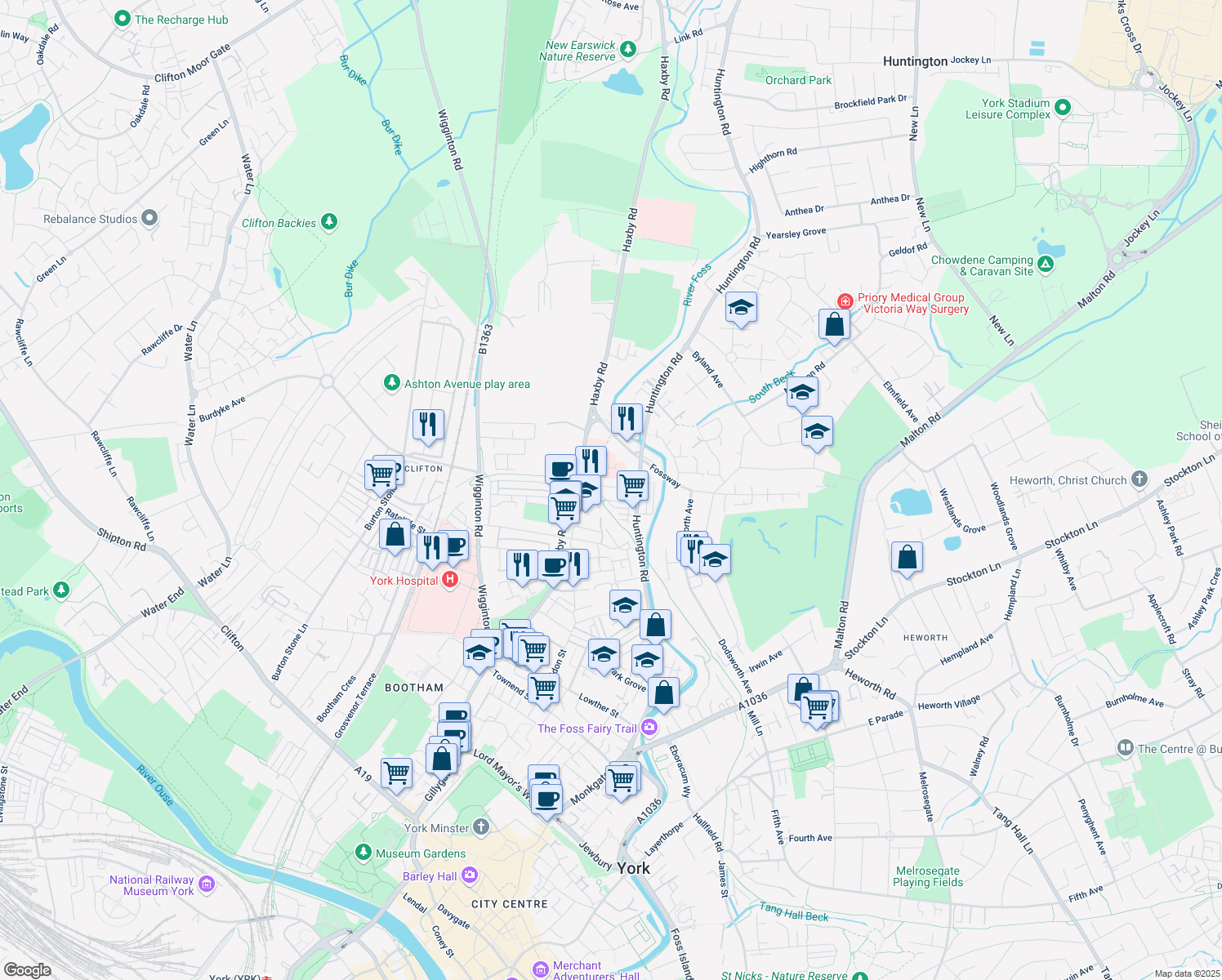 map of restaurants, bars, coffee shops, grocery stores, and more near Kitchener Street in York