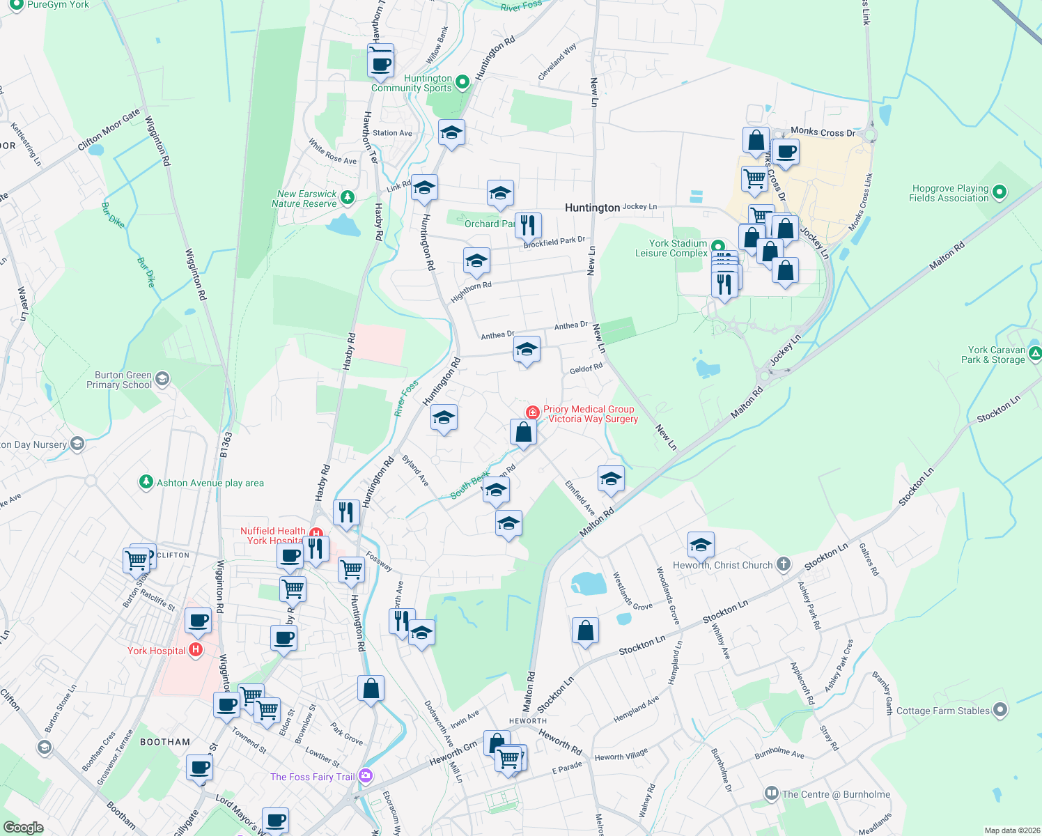 map of restaurants, bars, coffee shops, grocery stores, and more near Victoria Way in York