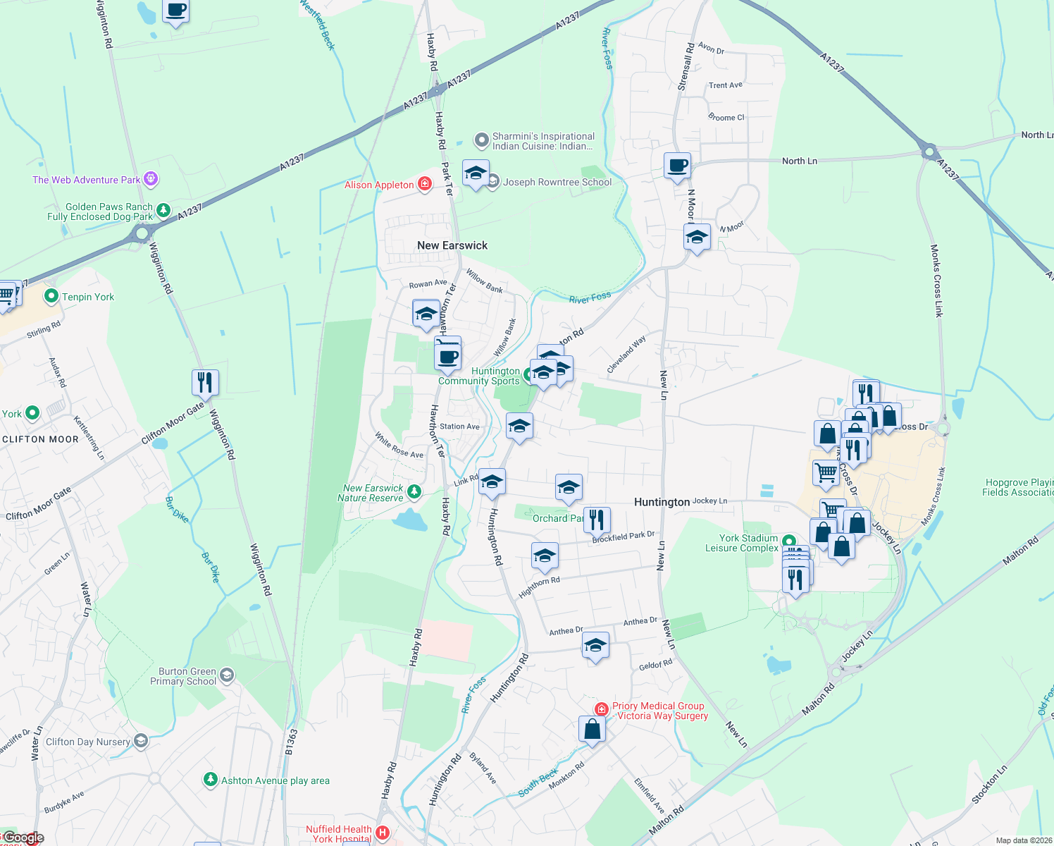 map of restaurants, bars, coffee shops, grocery stores, and more near Huntington Road in Huntington