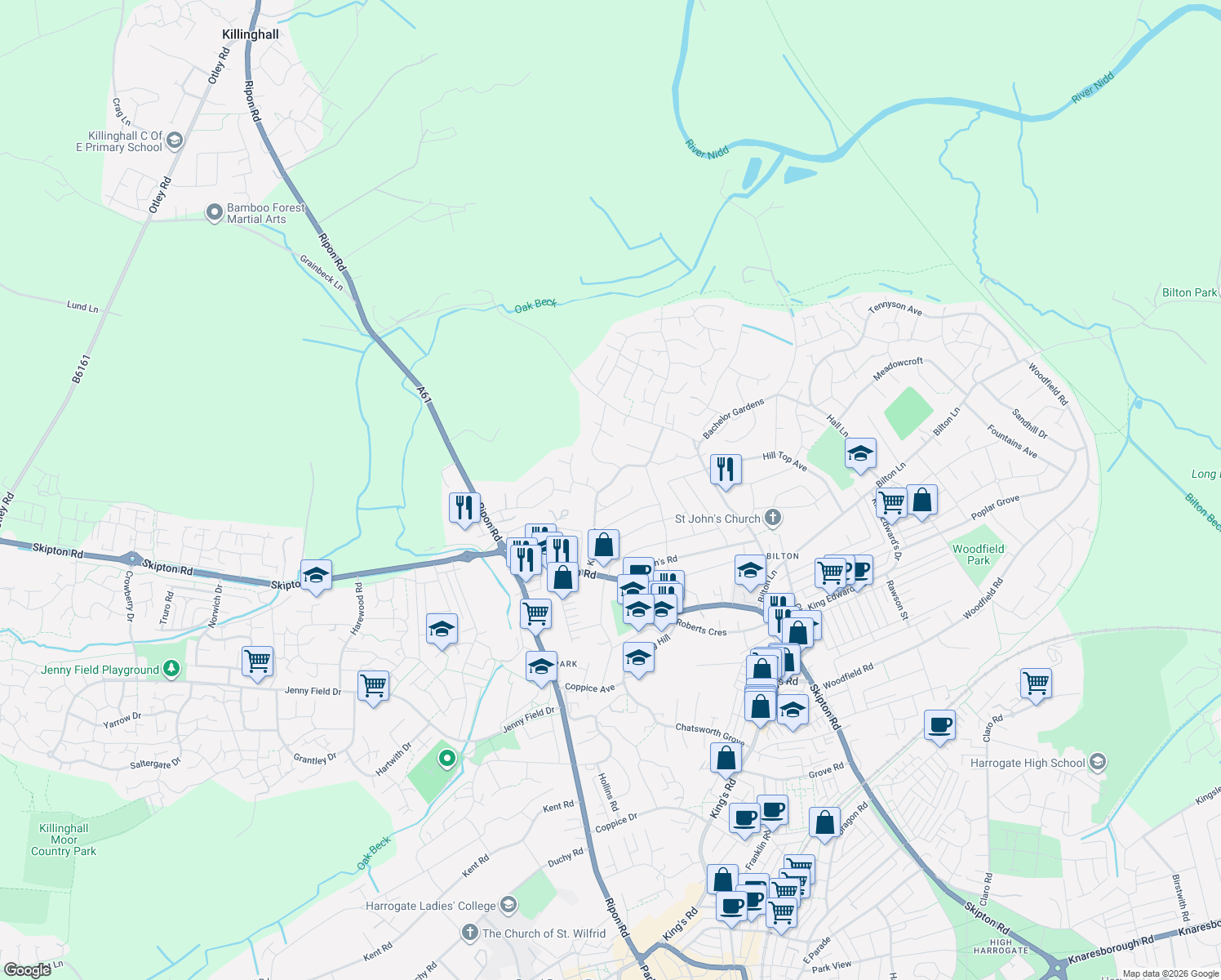 map of restaurants, bars, coffee shops, grocery stores, and more near 28 Knox Avenue in North Yorkshire
