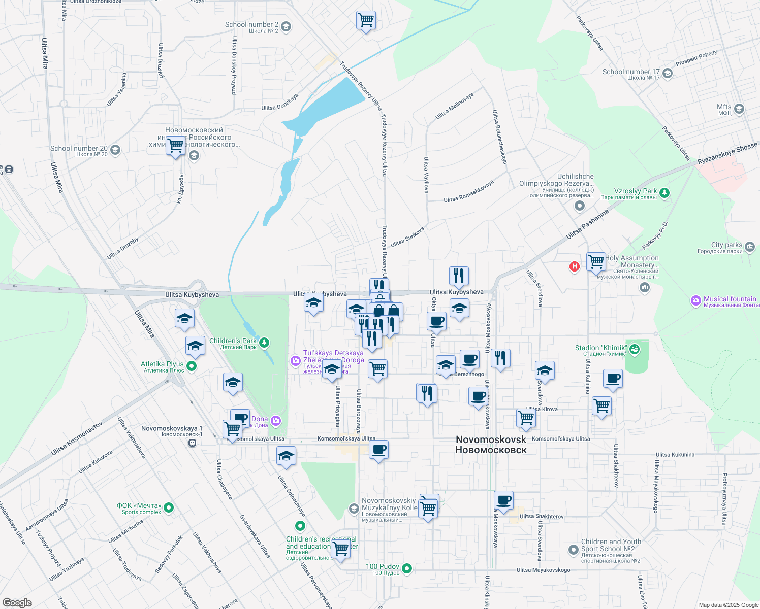 map of restaurants, bars, coffee shops, grocery stores, and more near 39 ulitsa Trudovye Rezervy in Novomoskovsk