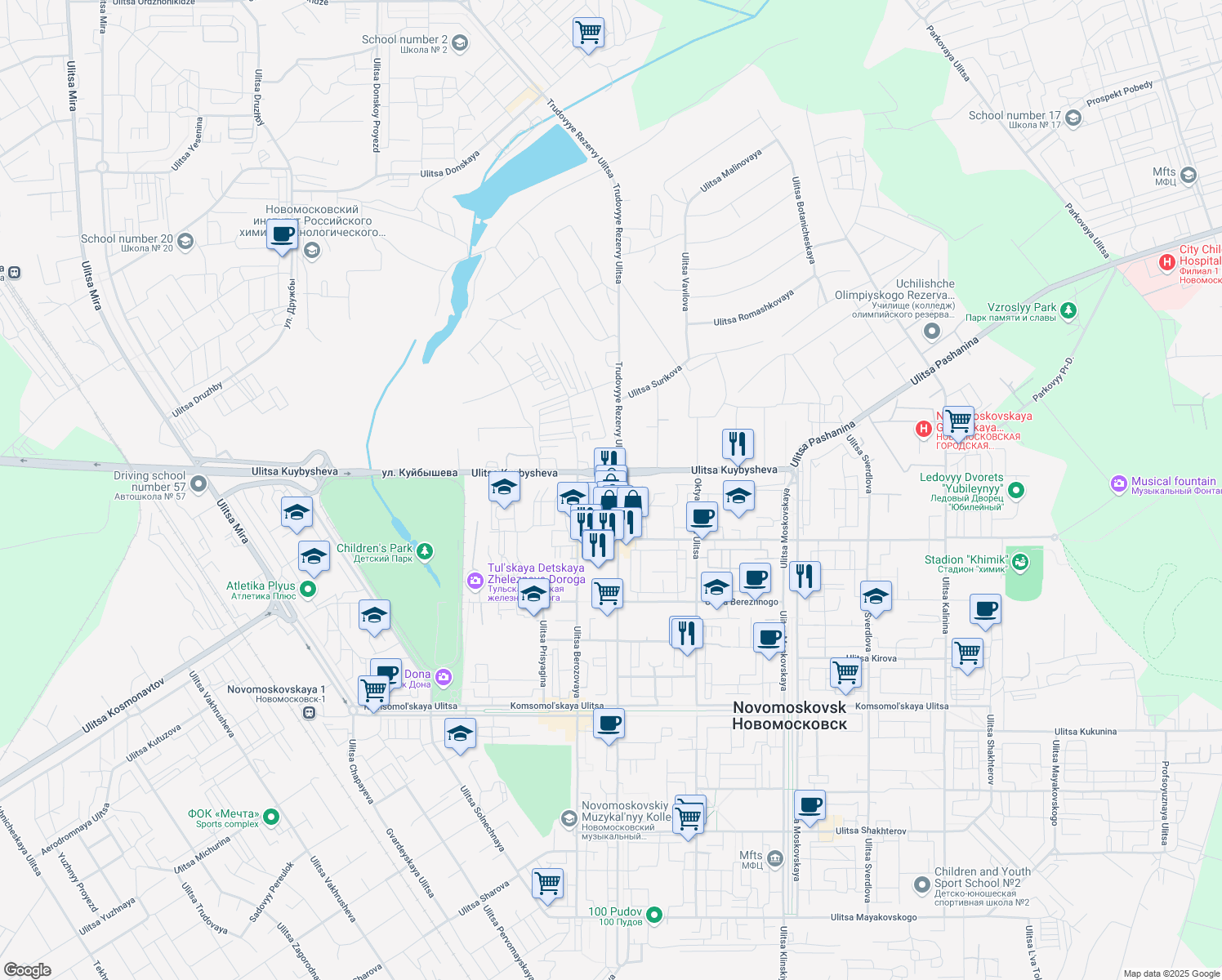 map of restaurants, bars, coffee shops, grocery stores, and more near 39 ulitsa Trudovye Rezervy in Novomoskovsk