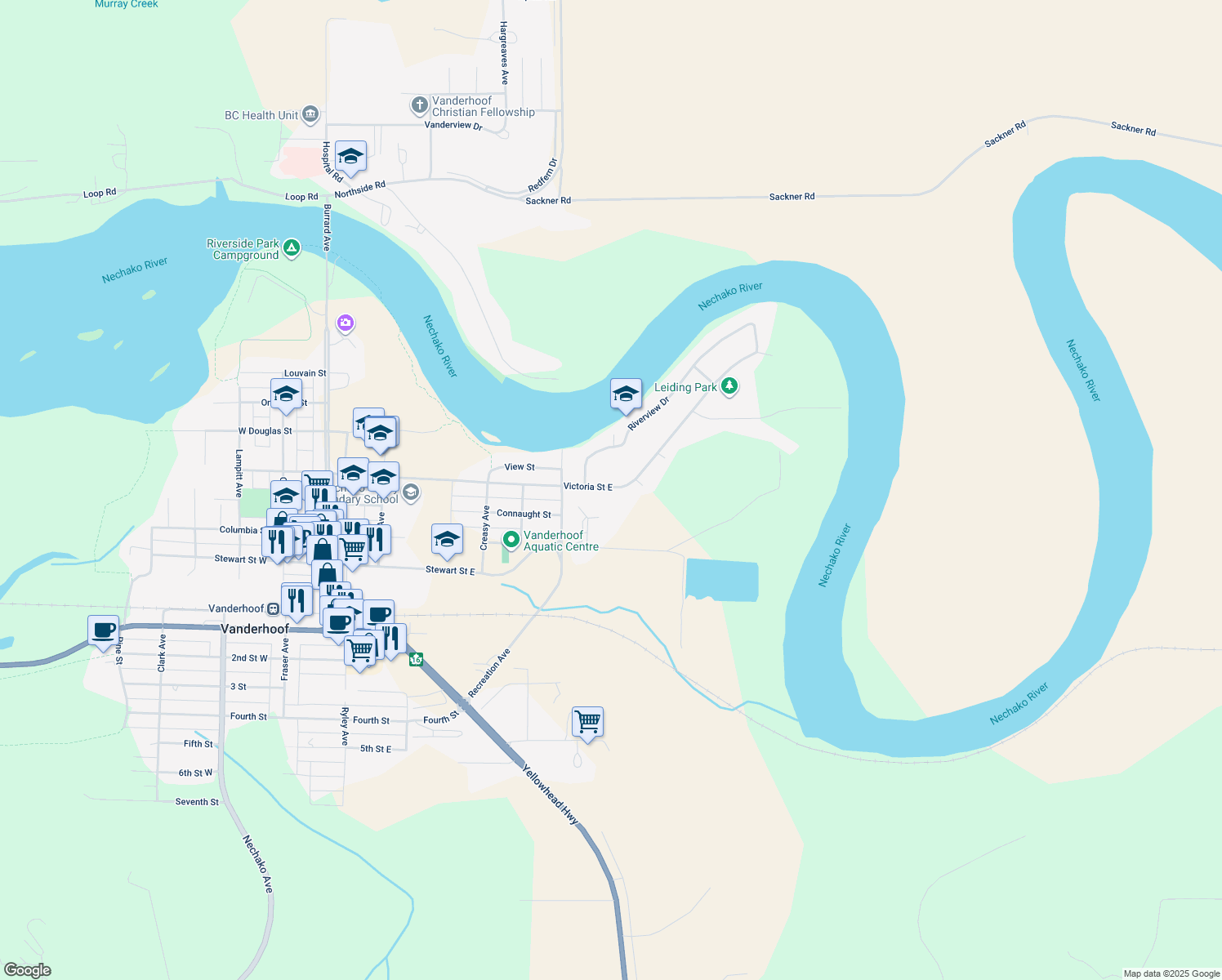 map of restaurants, bars, coffee shops, grocery stores, and more near 566 Victoria Street East in Vanderhoof