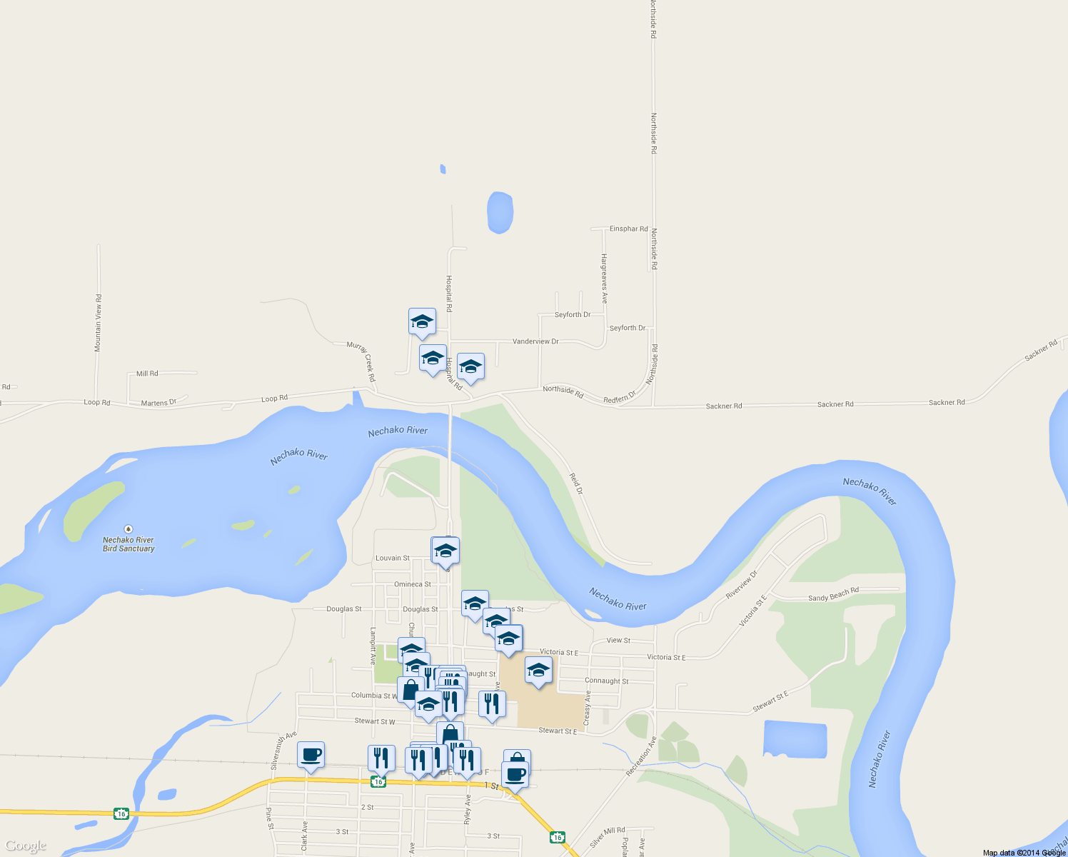 map of restaurants, bars, coffee shops, grocery stores, and more near 330 Reid Drive in Vanderhoof