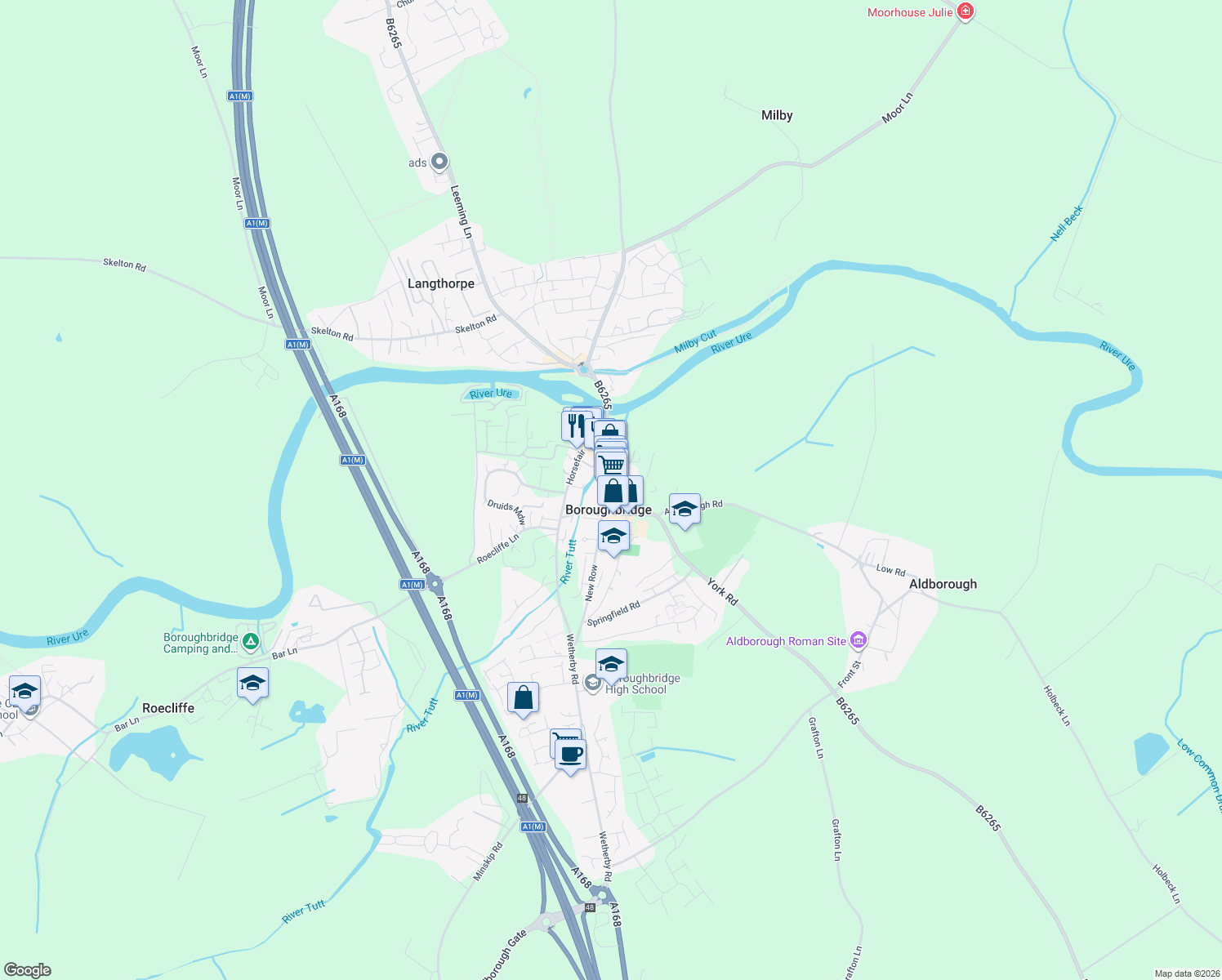 map of restaurants, bars, coffee shops, grocery stores, and more near High Street in Boroughbridge