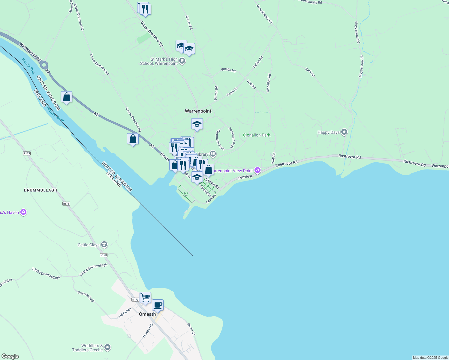 map of restaurants, bars, coffee shops, grocery stores, and more near 2 Slieve Foy Place in Warrenpoint
