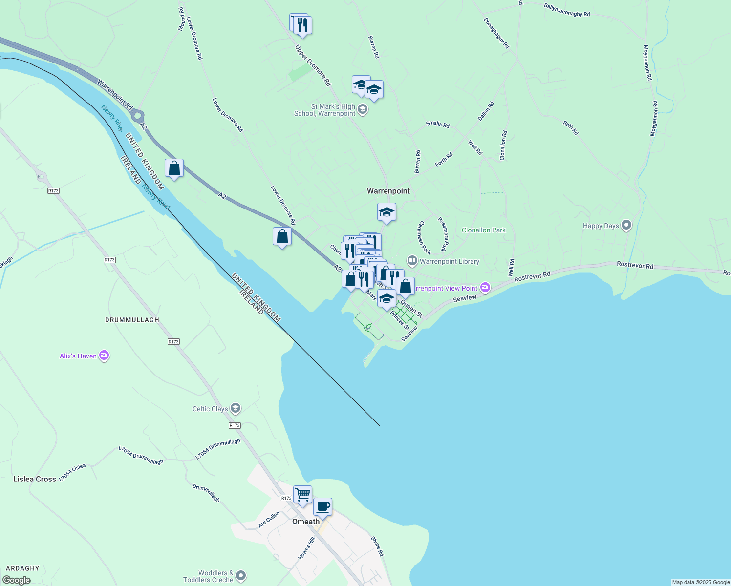 map of restaurants, bars, coffee shops, grocery stores, and more near 25 Mary Street in Warrenpoint