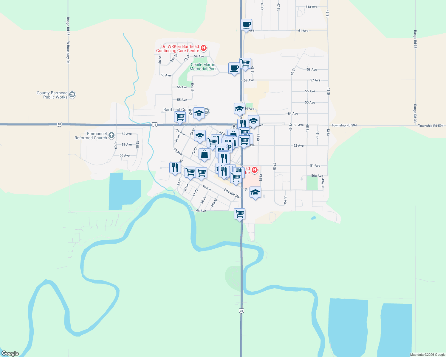 map of restaurants, bars, coffee shops, grocery stores, and more near 4925 50 Ave in Barrhead