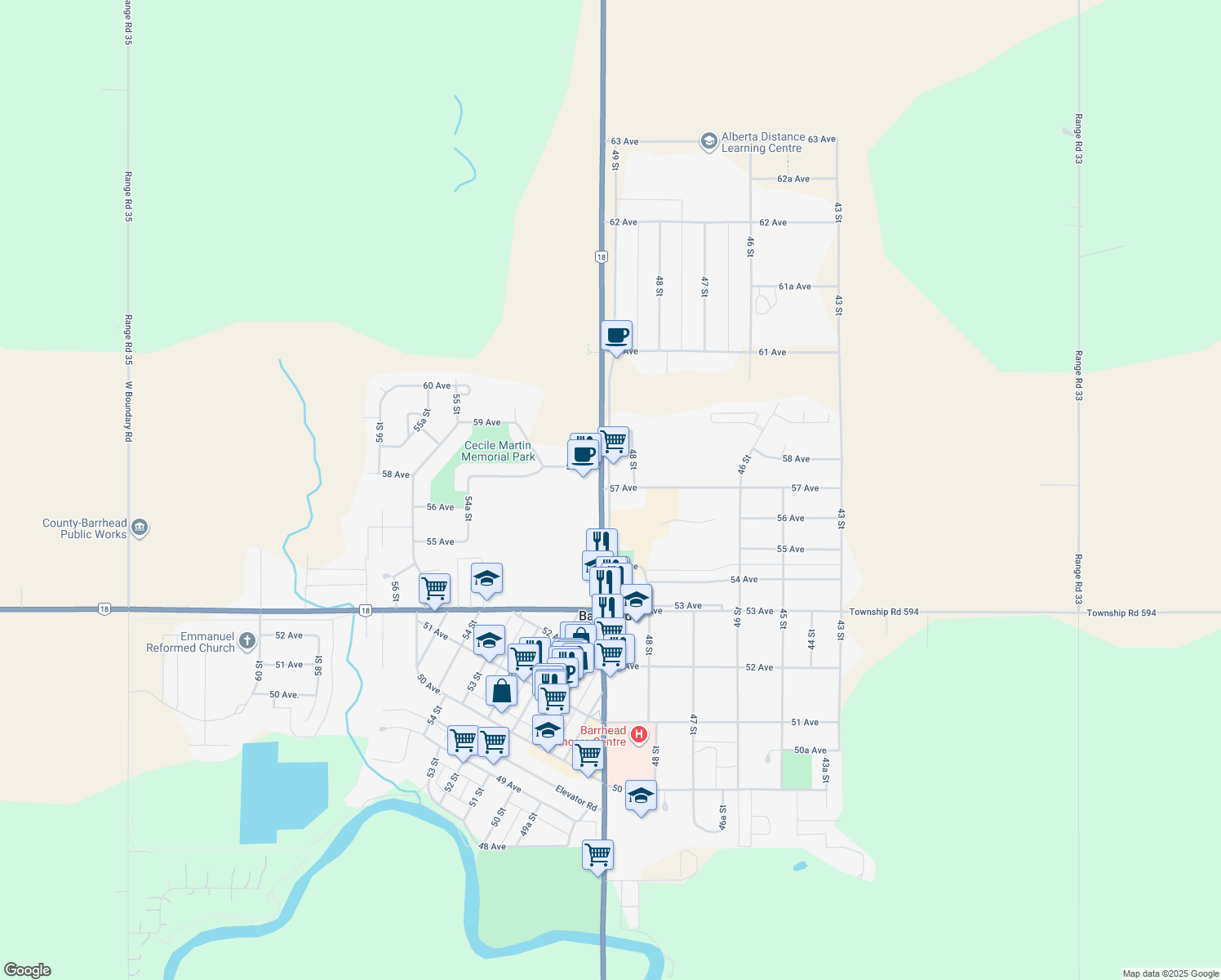 map of restaurants, bars, coffee shops, grocery stores, and more near 5629 49 Street in Barrhead