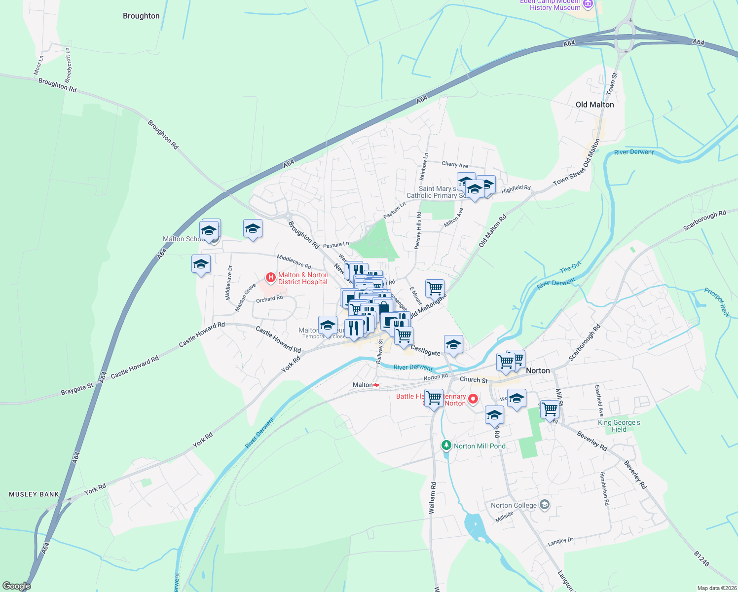 map of restaurants, bars, coffee shops, grocery stores, and more near in Malton