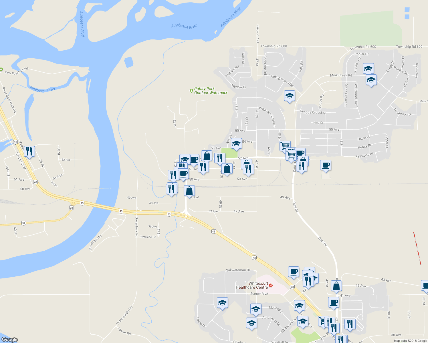 map of restaurants, bars, coffee shops, grocery stores, and more near 4919 51 Avenue in Whitecourt