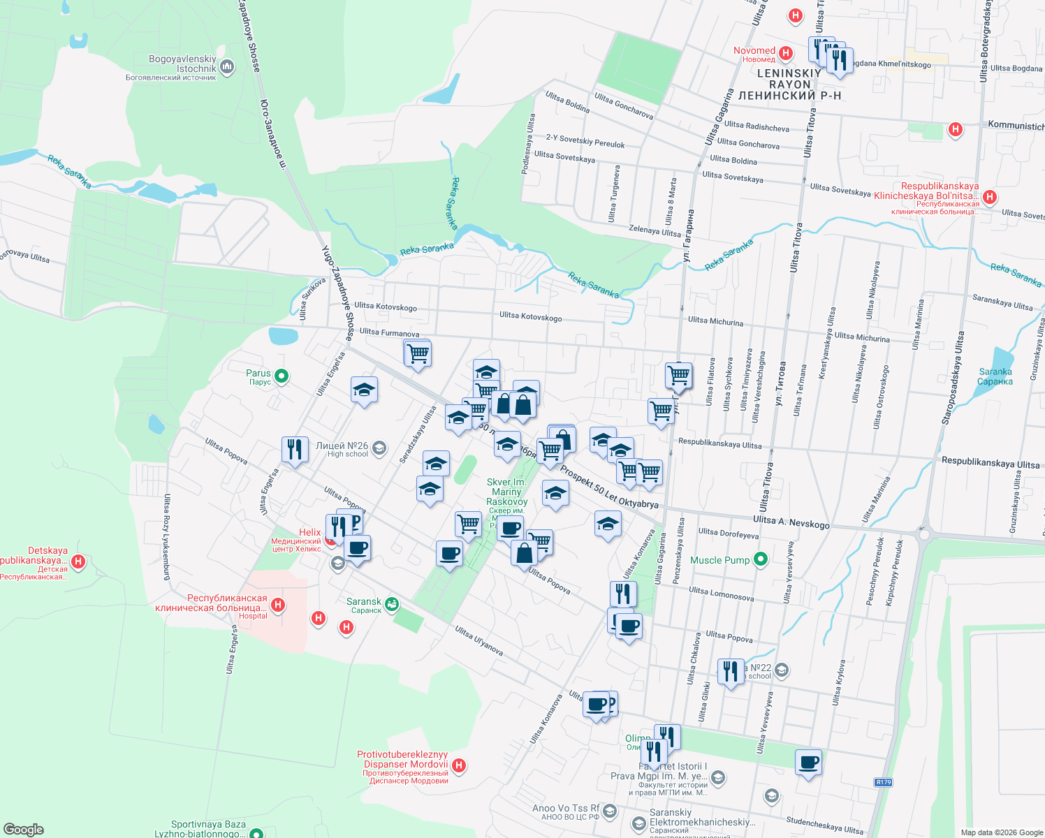 map of restaurants, bars, coffee shops, grocery stores, and more near in Saransk