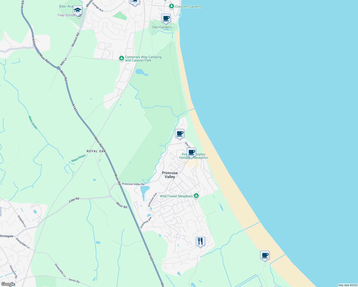 map of restaurants, bars, coffee shops, grocery stores, and more near Primrose Valley Road in Primrose Valley