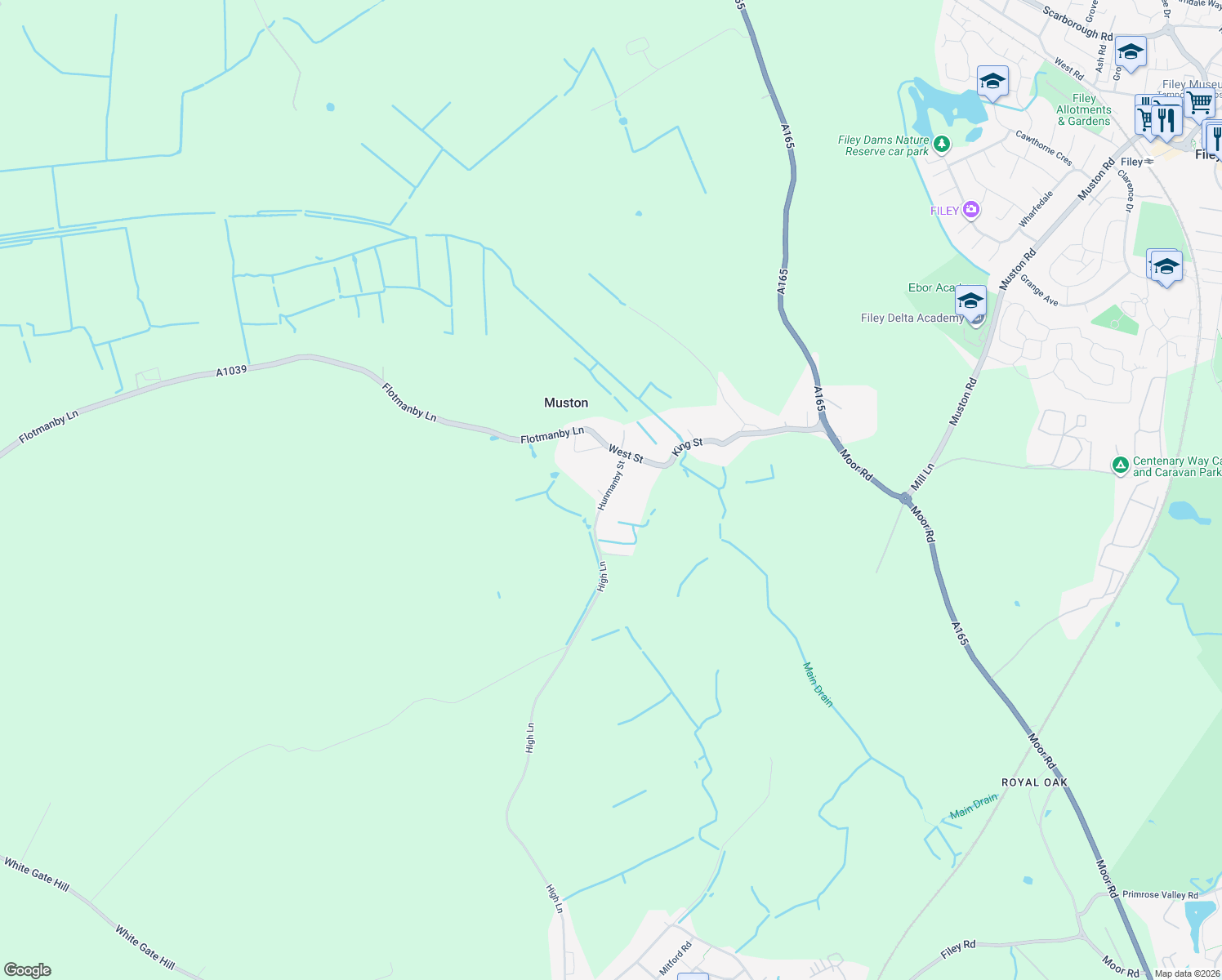 map of restaurants, bars, coffee shops, grocery stores, and more near Hunmanby Street in Muston