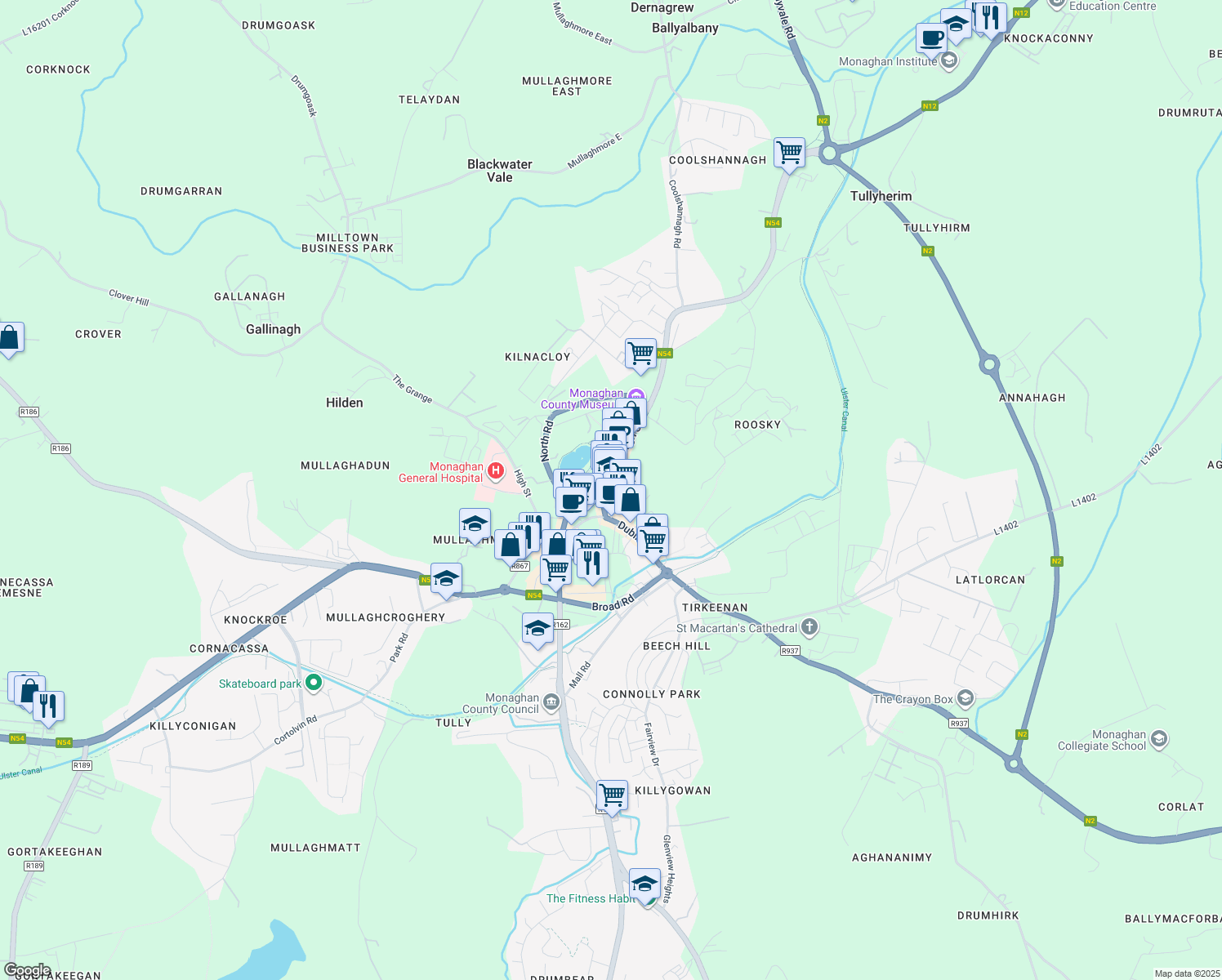 map of restaurants, bars, coffee shops, grocery stores, and more near in Monaghan