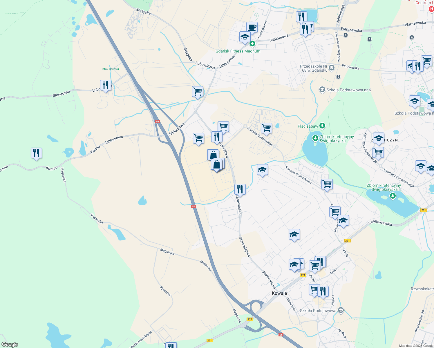 map of restaurants, bars, coffee shops, grocery stores, and more near 8 Przywidzka in Gdańsk