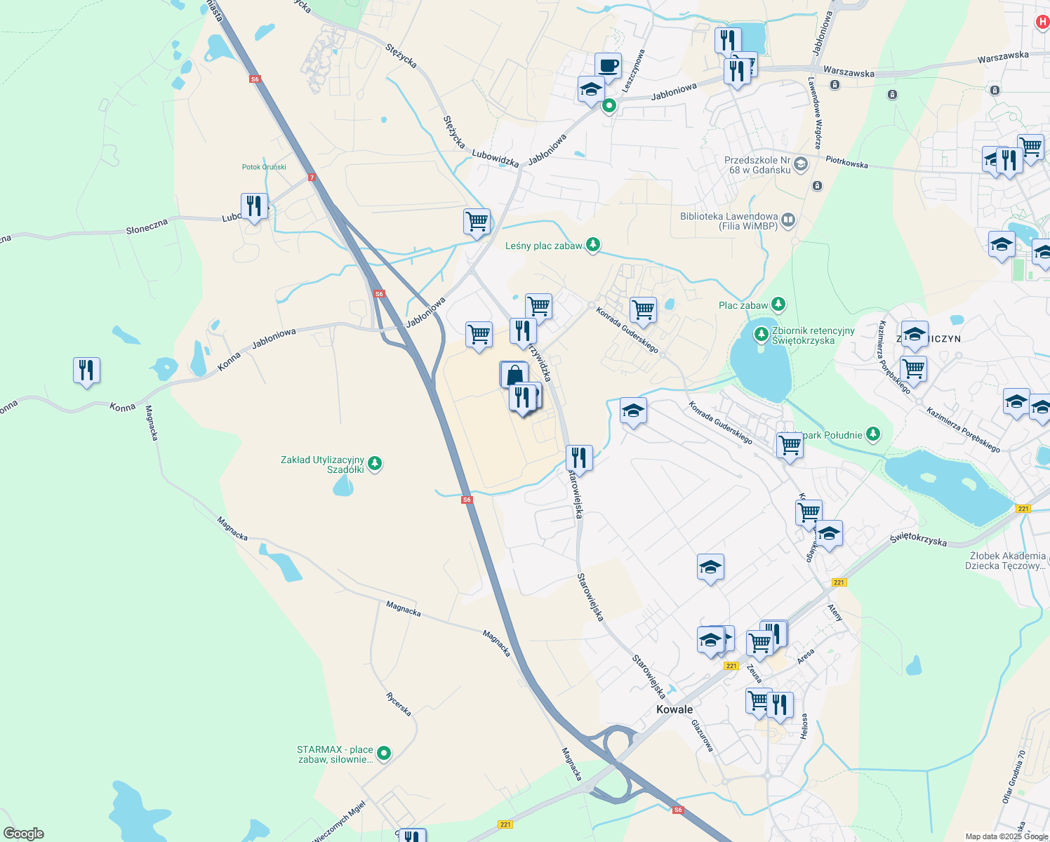 map of restaurants, bars, coffee shops, grocery stores, and more near 8 Przywidzka in Gdańsk