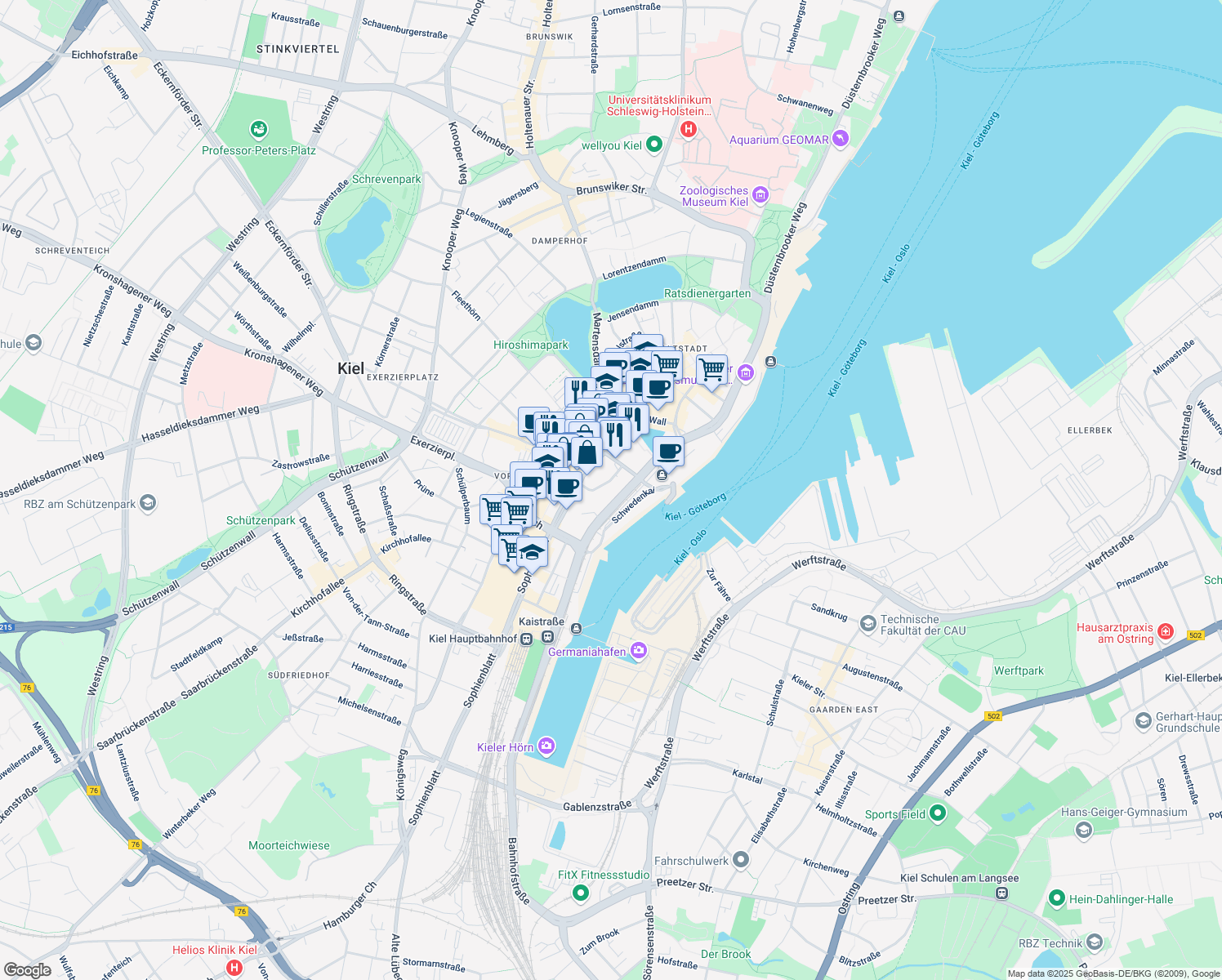 map of restaurants, bars, coffee shops, grocery stores, and more near 7 Fabrikstraße in Kiel