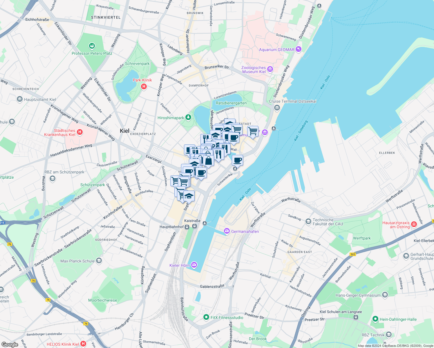 map of restaurants, bars, coffee shops, grocery stores, and more near 7 Fabrikstraße in Kiel