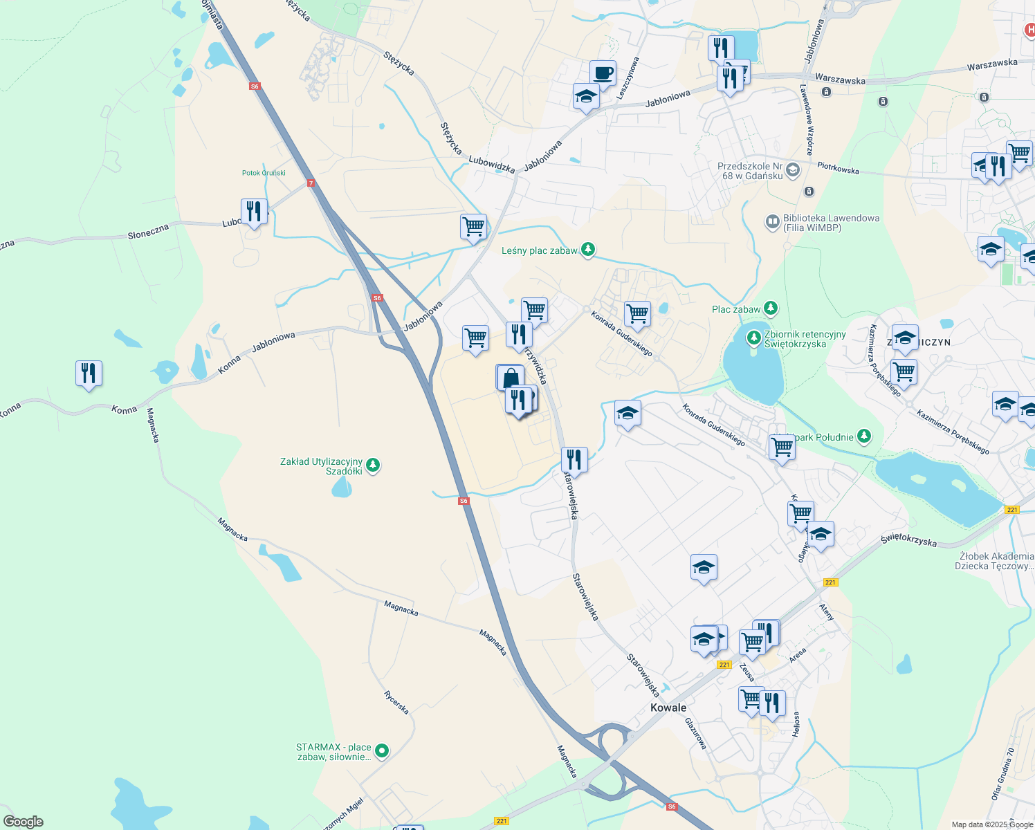 map of restaurants, bars, coffee shops, grocery stores, and more near 8 Przywidzka in Gdańsk