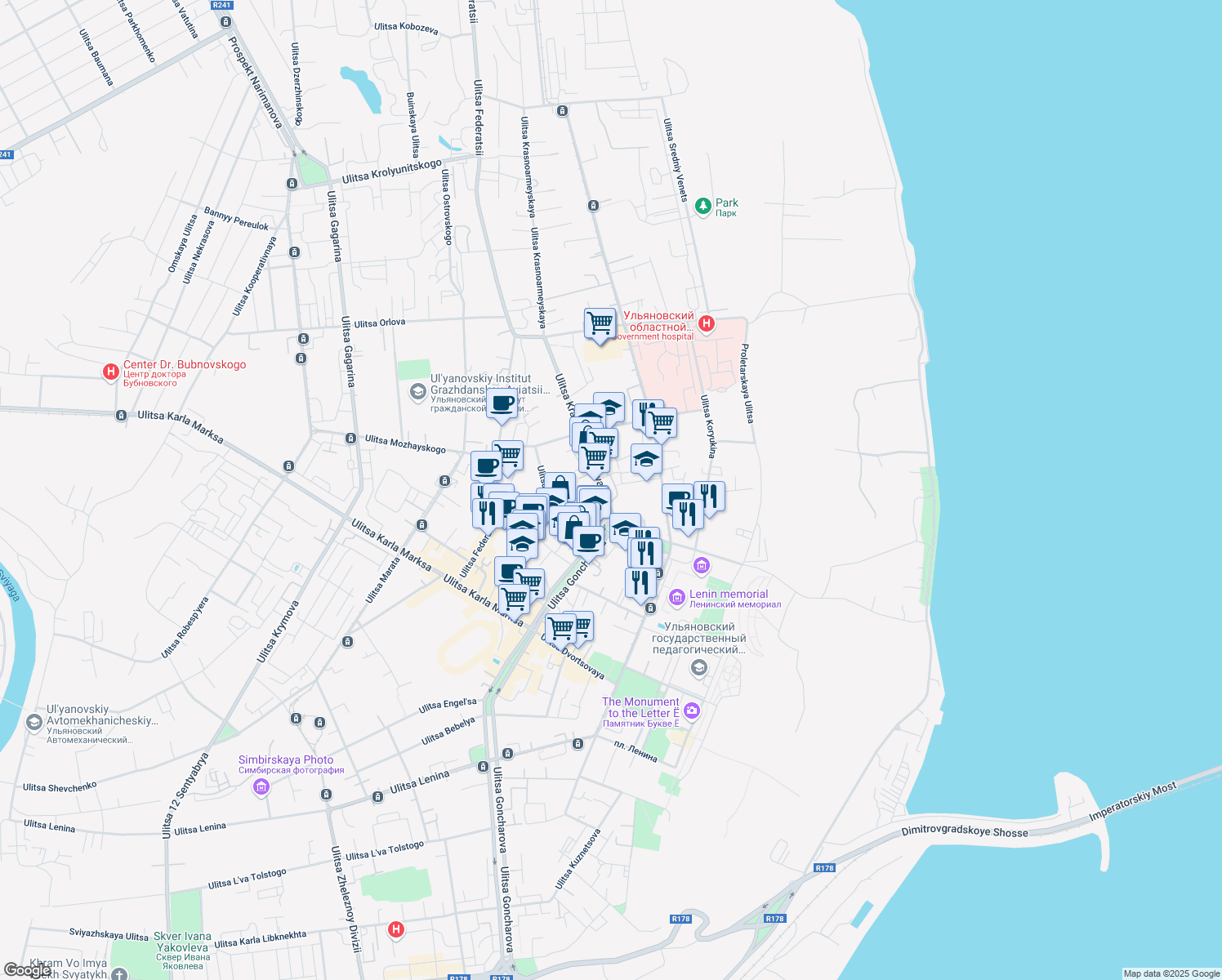 map of restaurants, bars, coffee shops, grocery stores, and more near 4 ulitsa Krasnoarmeyskaya in Ulyanovsk