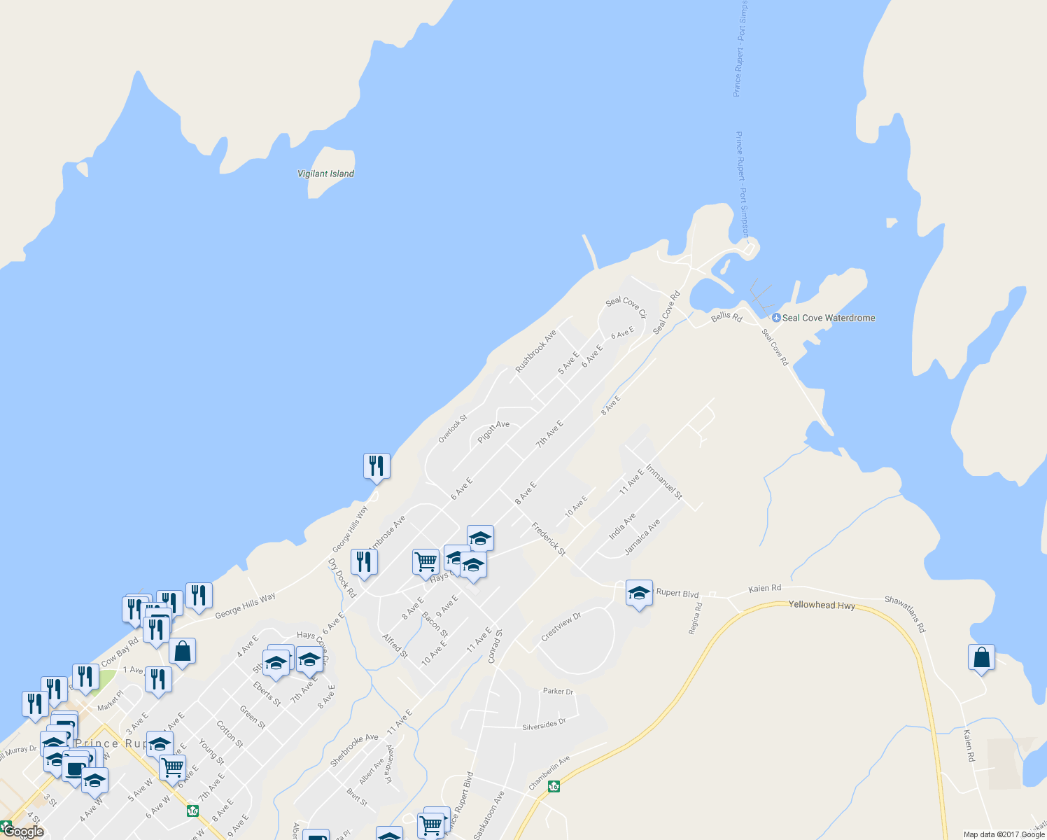 map of restaurants, bars, coffee shops, grocery stores, and more near 1541 6 Avenue East in Prince Rupert