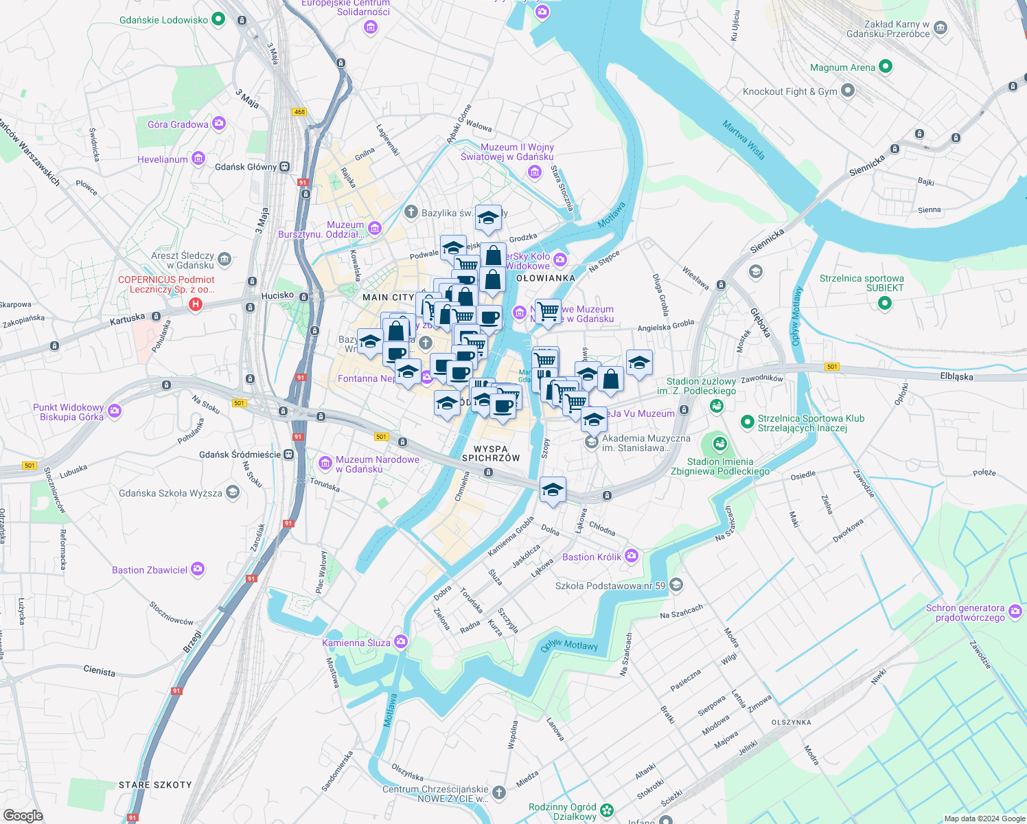 map of restaurants, bars, coffee shops, grocery stores, and more near 26 Stągiewna in Gdańsk