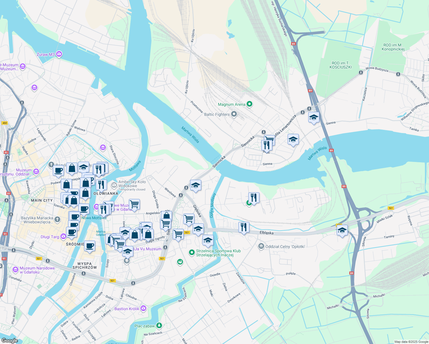 map of restaurants, bars, coffee shops, grocery stores, and more near 5 Siennicka in Gdańsk