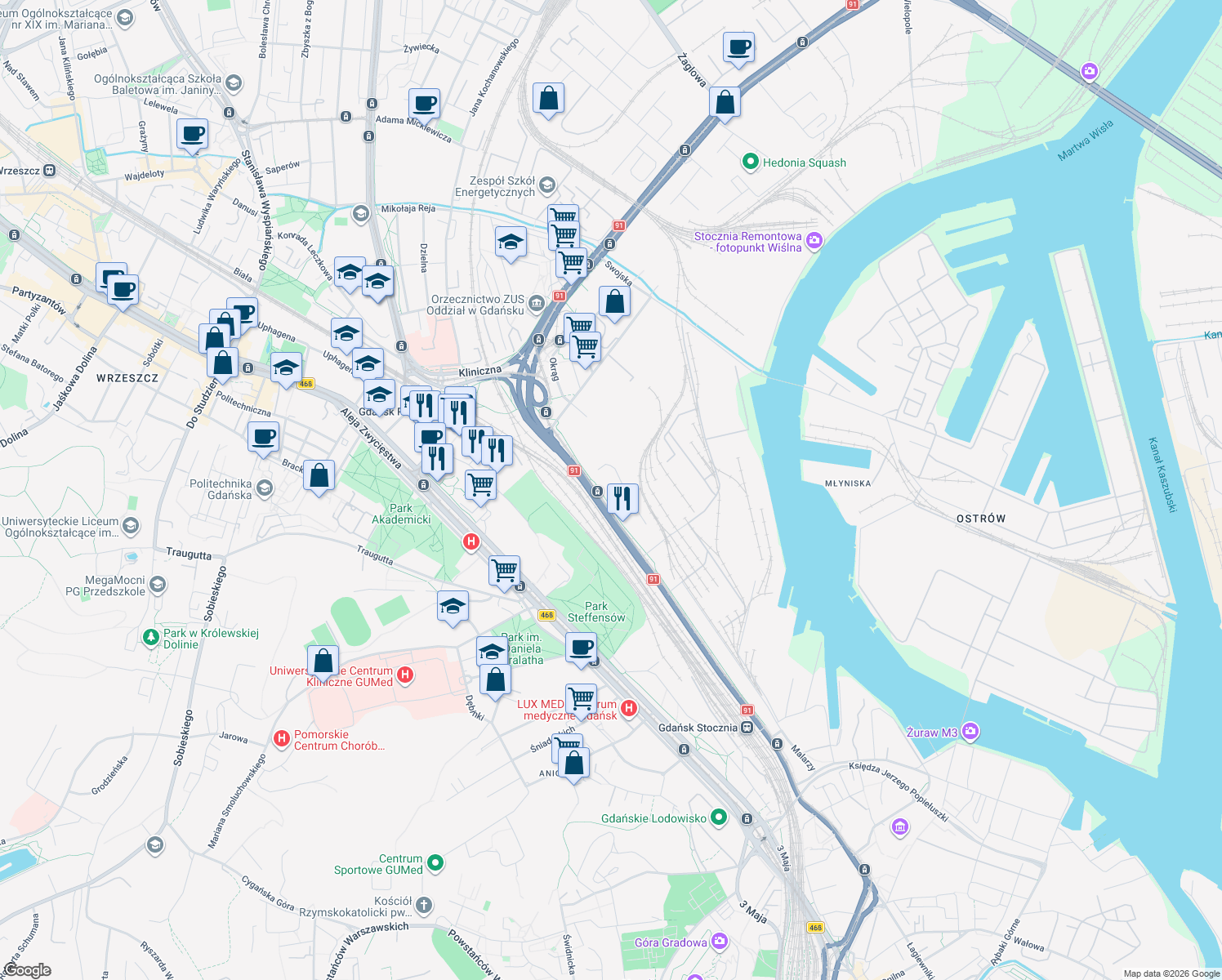 map of restaurants, bars, coffee shops, grocery stores, and more near 163 Marynarki Polskiej in Gdańsk