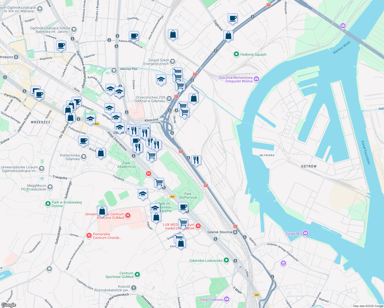 map of restaurants, bars, coffee shops, grocery stores, and more near 163 Marynarki Polskiej in Gdańsk