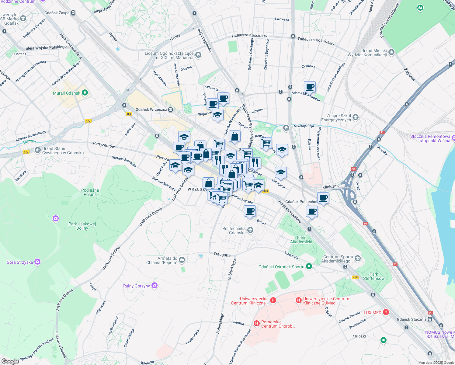 map of restaurants, bars, coffee shops, grocery stores, and more near 46 aleja Grunwaldzka in Gdańsk