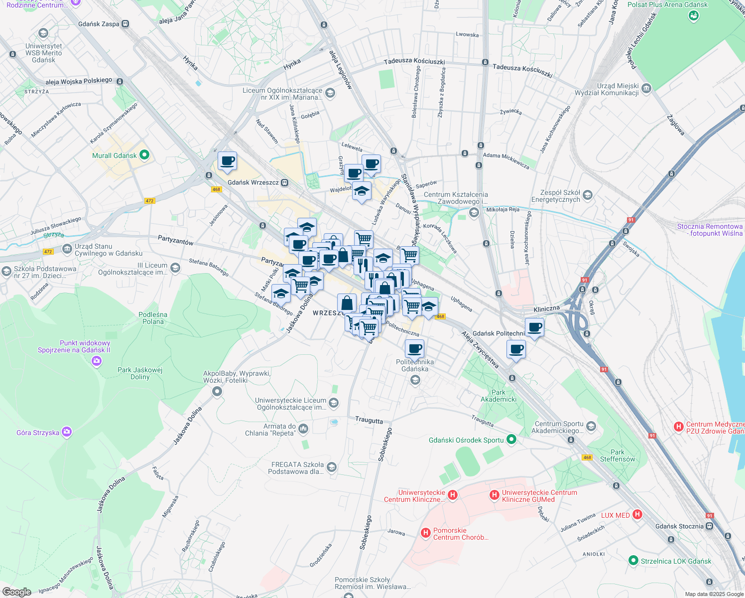 map of restaurants, bars, coffee shops, grocery stores, and more near 50 aleja Grunwaldzka in Gdańsk