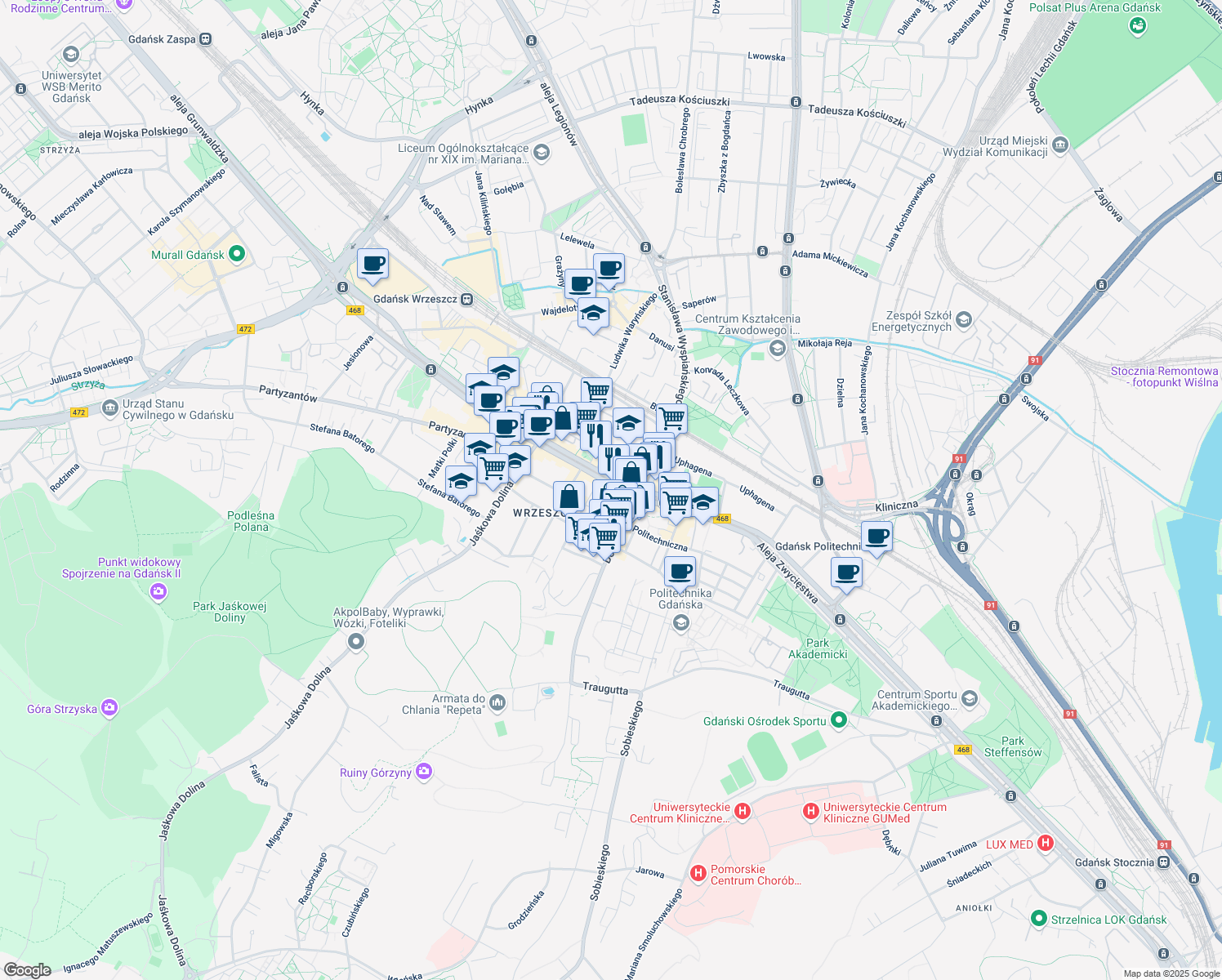 map of restaurants, bars, coffee shops, grocery stores, and more near 50 aleja Grunwaldzka in Gdańsk