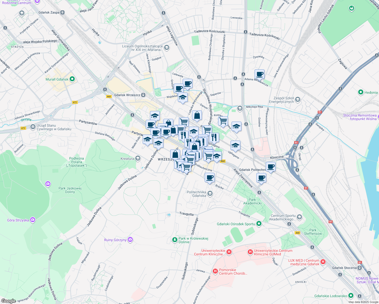 map of restaurants, bars, coffee shops, grocery stores, and more near 19/23 Aleja Grunwaldzka in Gdańsk