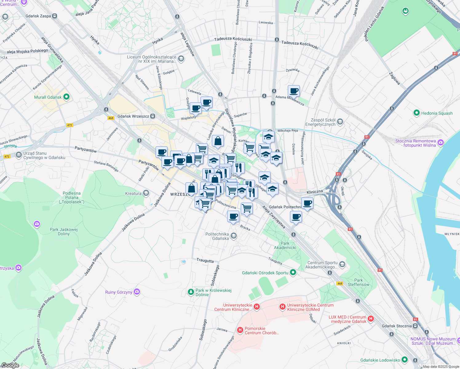 map of restaurants, bars, coffee shops, grocery stores, and more near 19/23 Aleja Grunwaldzka in Gdansk