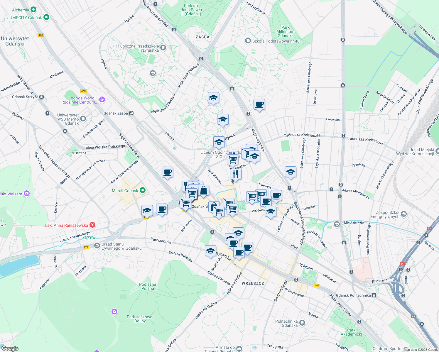 map of restaurants, bars, coffee shops, grocery stores, and more near 13 Nad Stawem in Gdańsk