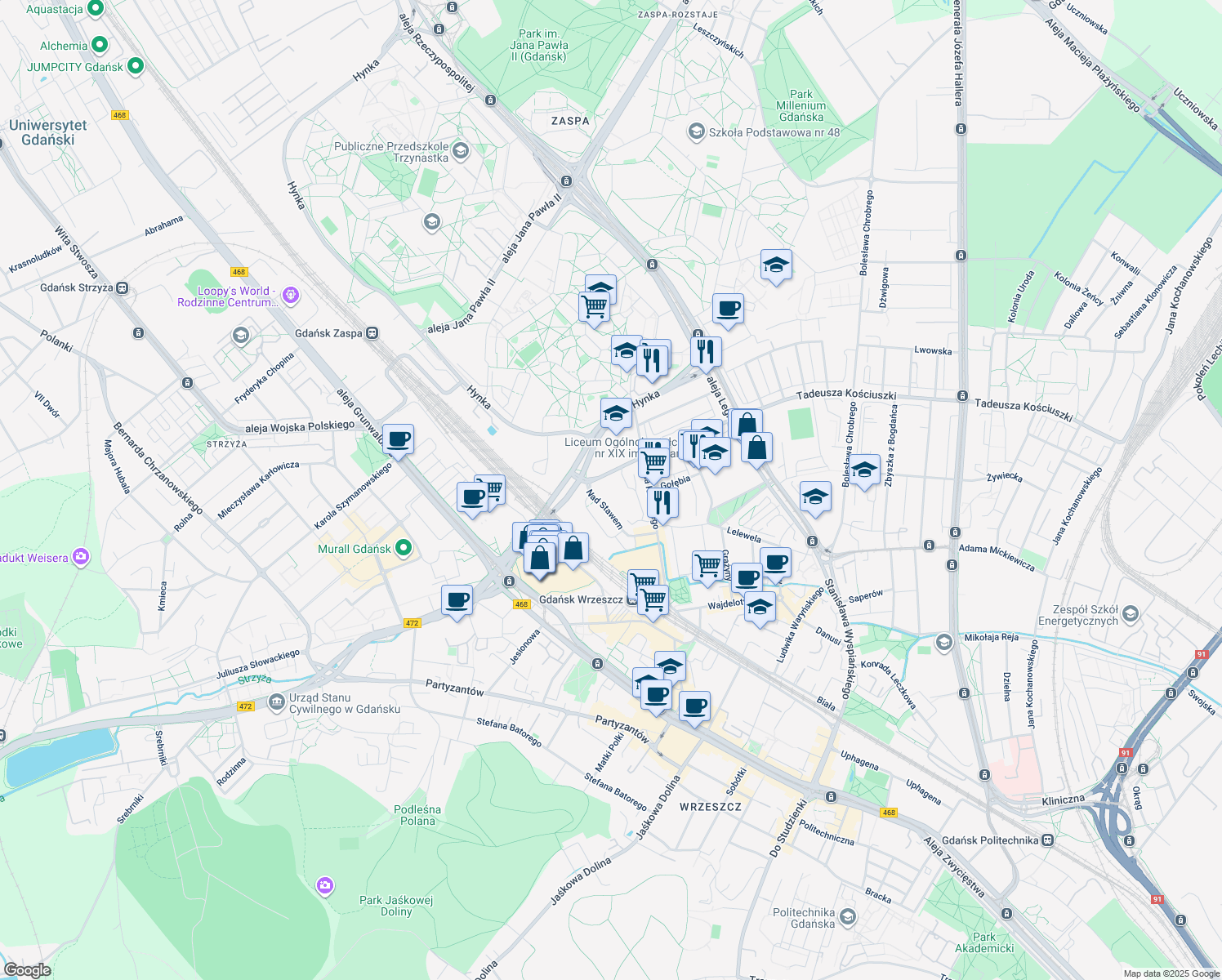 map of restaurants, bars, coffee shops, grocery stores, and more near 13 Nad Stawem in Gdańsk