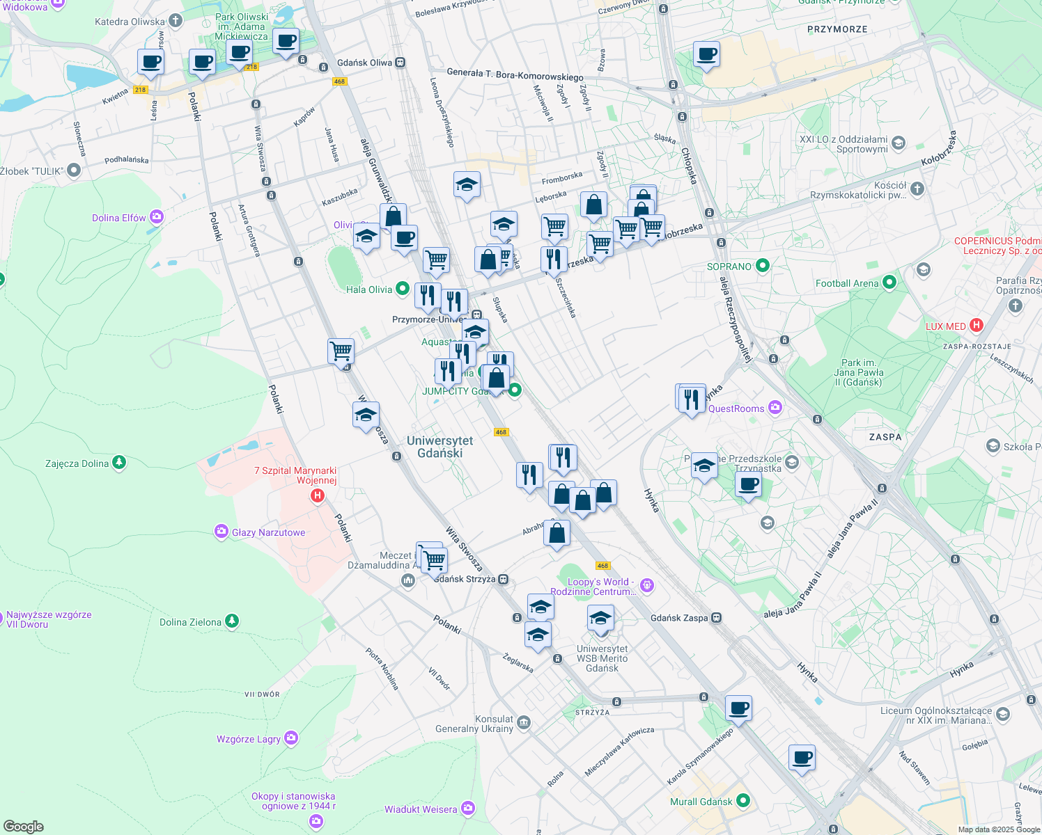 map of restaurants, bars, coffee shops, grocery stores, and more near 345 aleja Grunwaldzka in Gdańsk