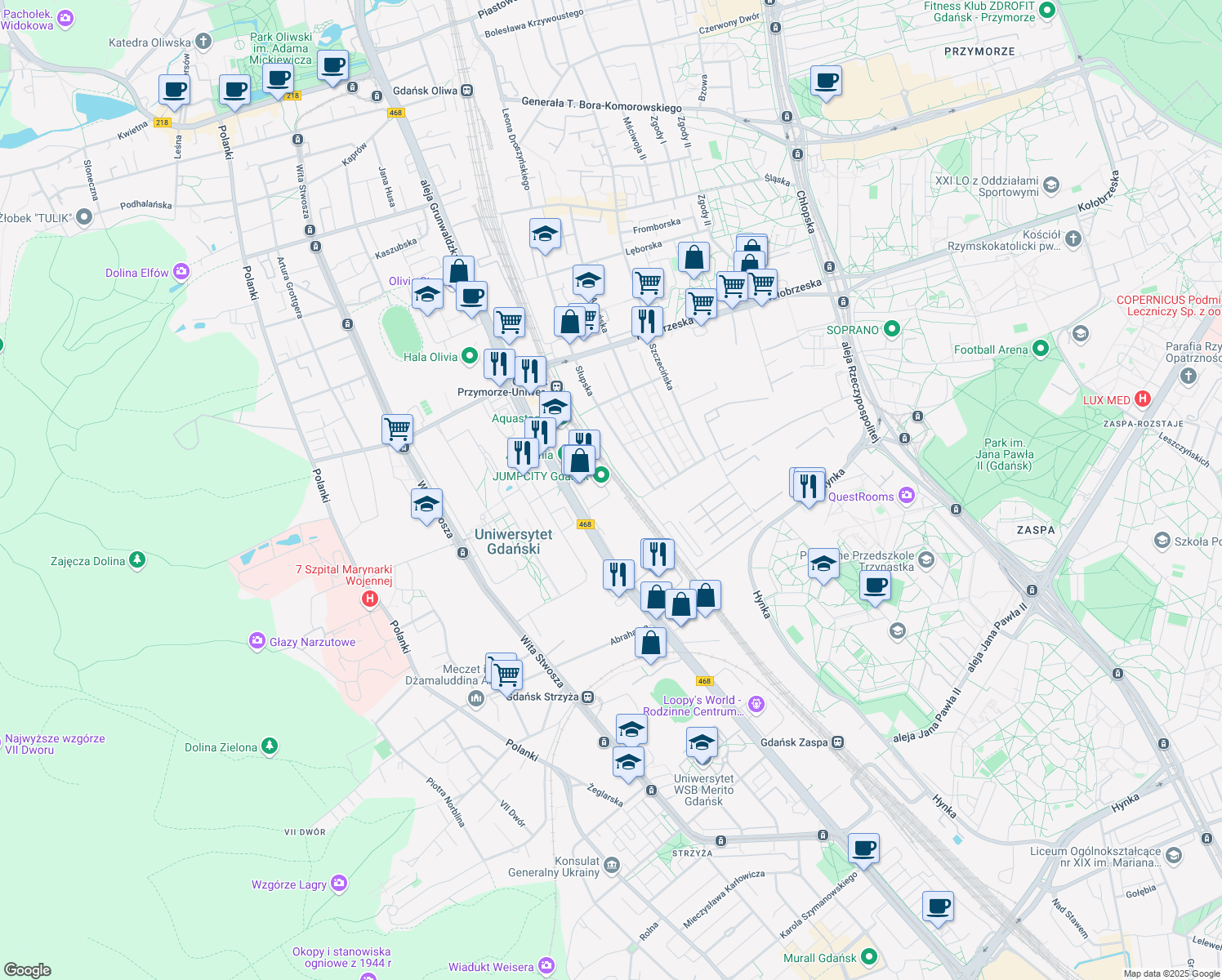 map of restaurants, bars, coffee shops, grocery stores, and more near 345 aleja Grunwaldzka in Gdańsk