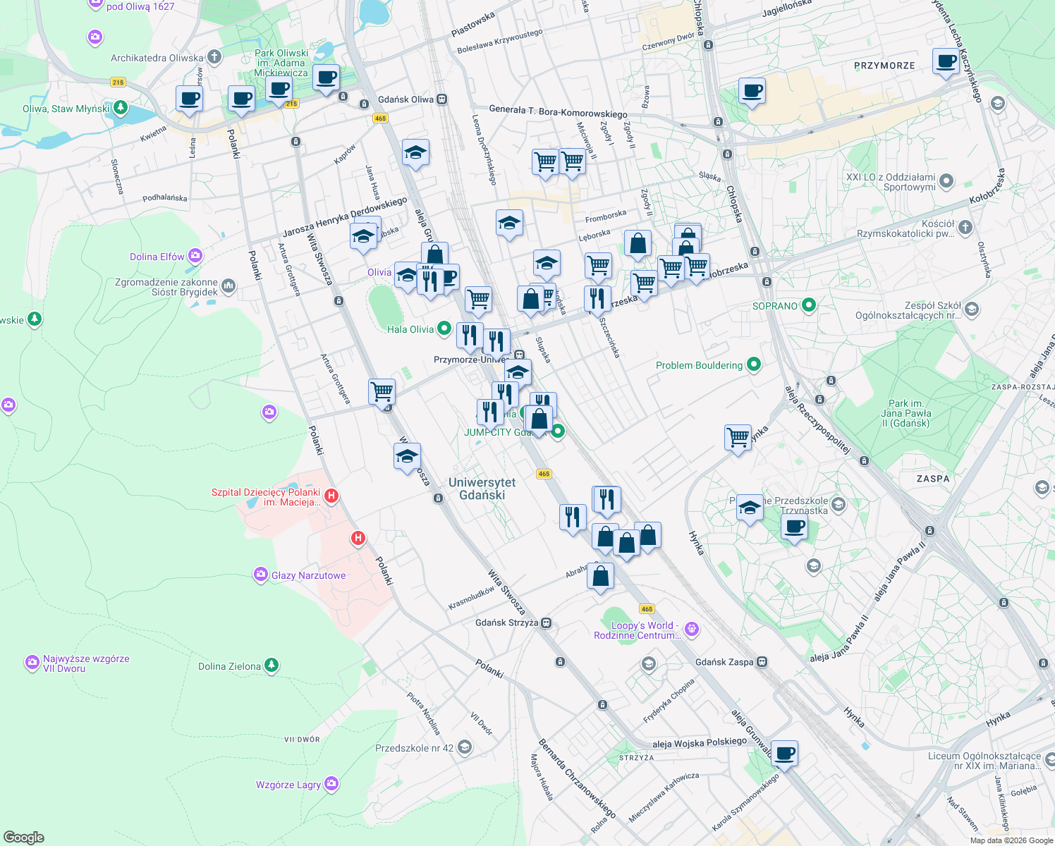 map of restaurants, bars, coffee shops, grocery stores, and more near 411-415 aleja Grunwaldzka in Gdańsk