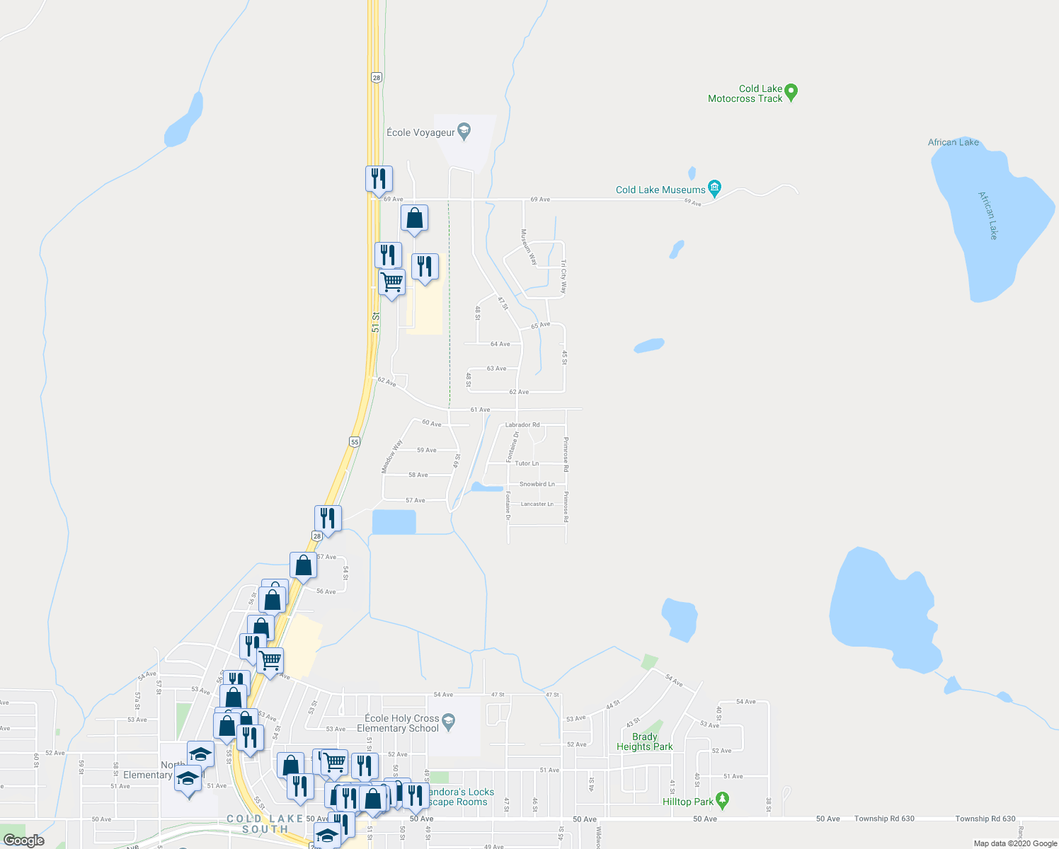 map of restaurants, bars, coffee shops, grocery stores, and more near 4608 Labrador Road in Cold Lake