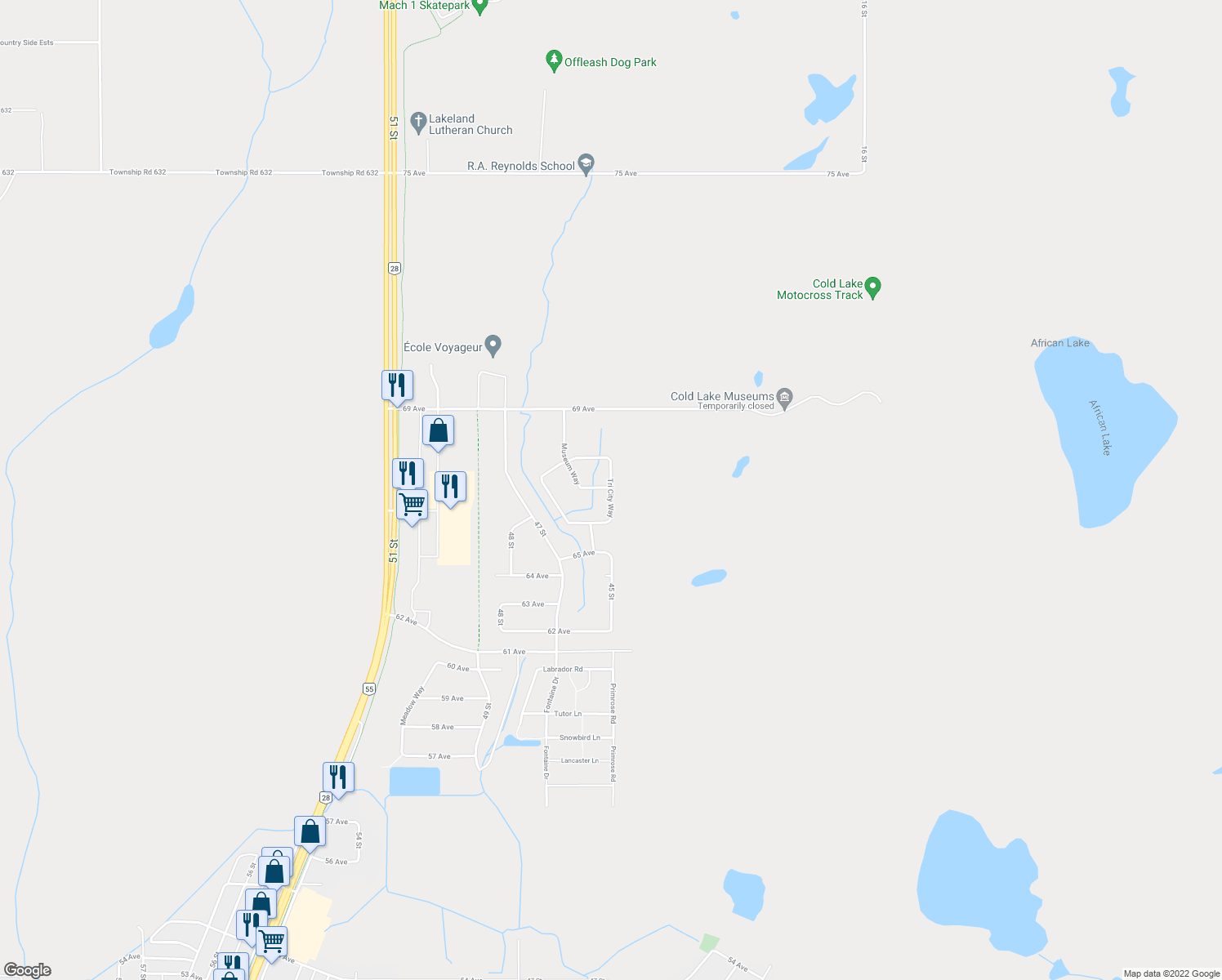 map of restaurants, bars, coffee shops, grocery stores, and more near 6715 Tri City Way in Cold Lake