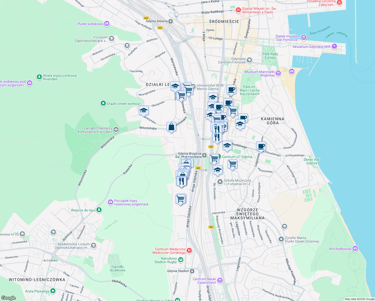 map of restaurants, bars, coffee shops, grocery stores, and more near 2 Kielecka in Gdynia